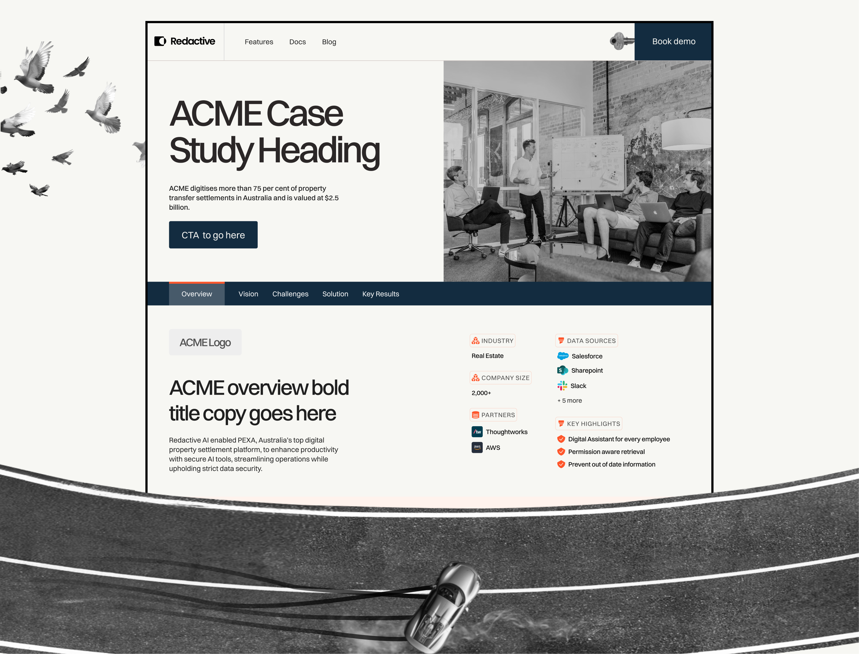 Redactive website case study page design with a black-and-white team photo hero and customer overview details