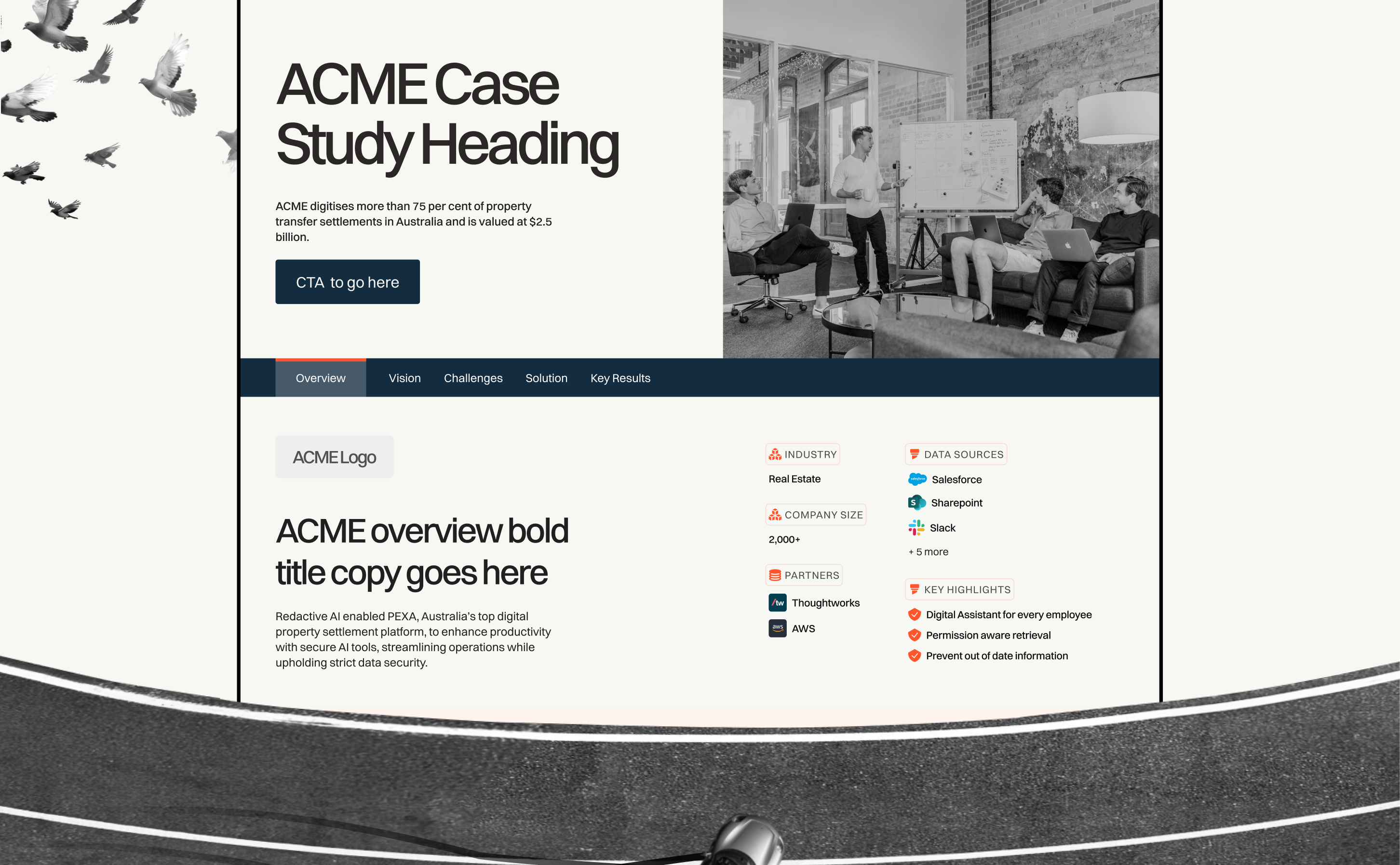 Redactive website case study page design with a black-and-white team photo hero and customer overview details