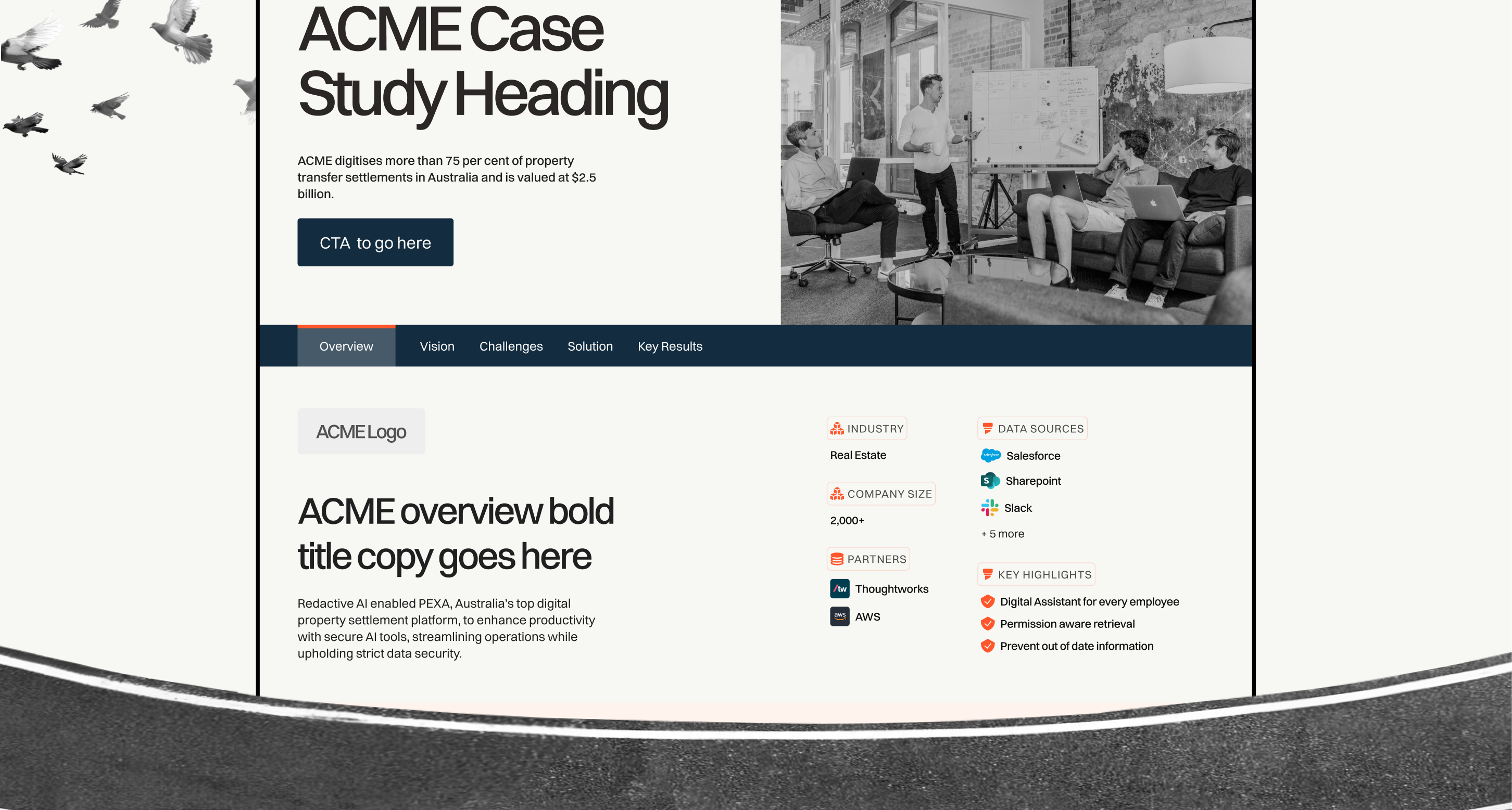 Redactive website case study page design with a black-and-white team photo hero and customer overview details