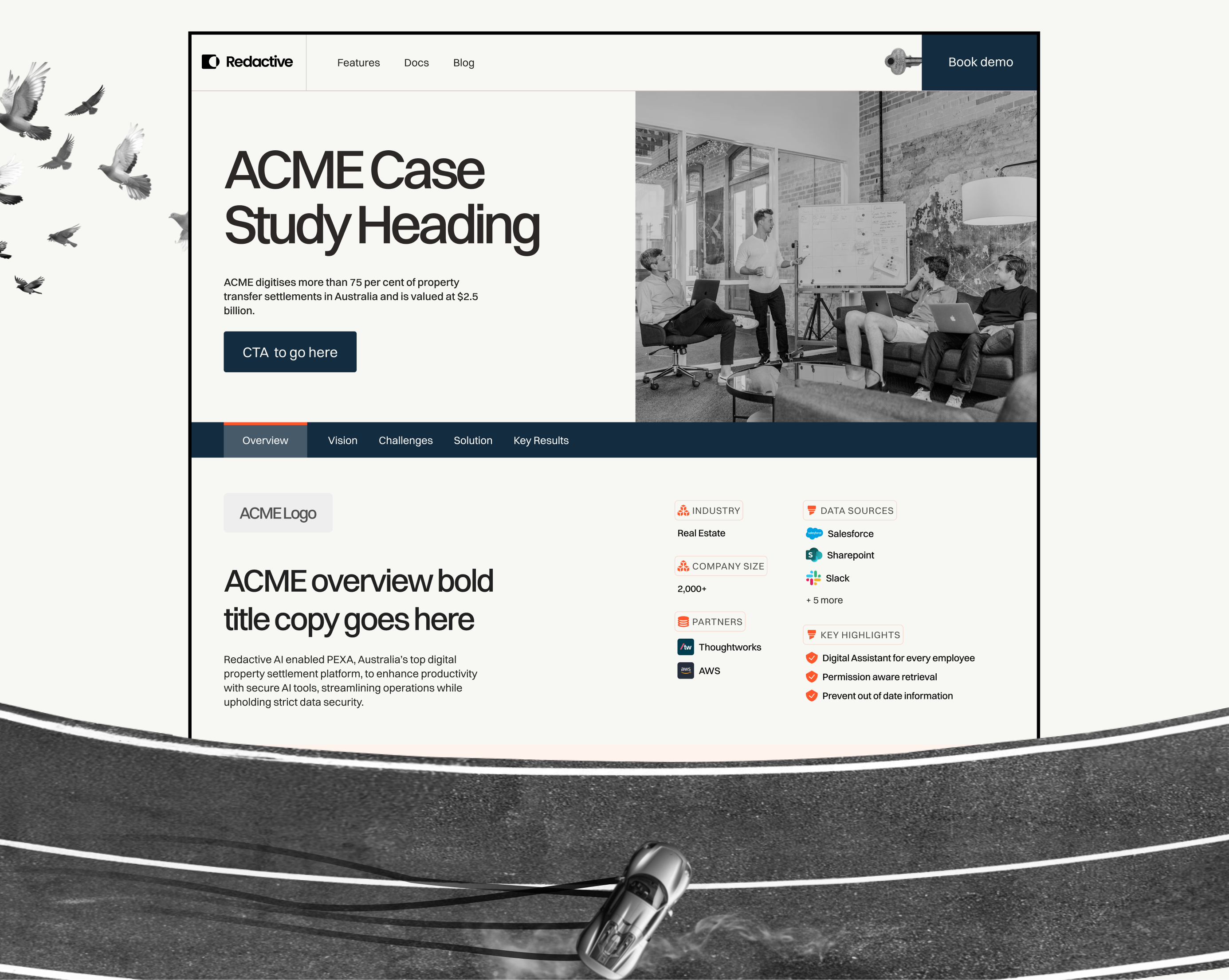 Redactive website case study page design with a black-and-white team photo hero and customer overview details