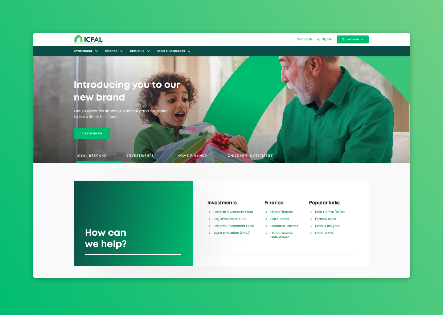 ICFAL homepage design on desktop, with a 'new brand' hero and quick links for investments and finance