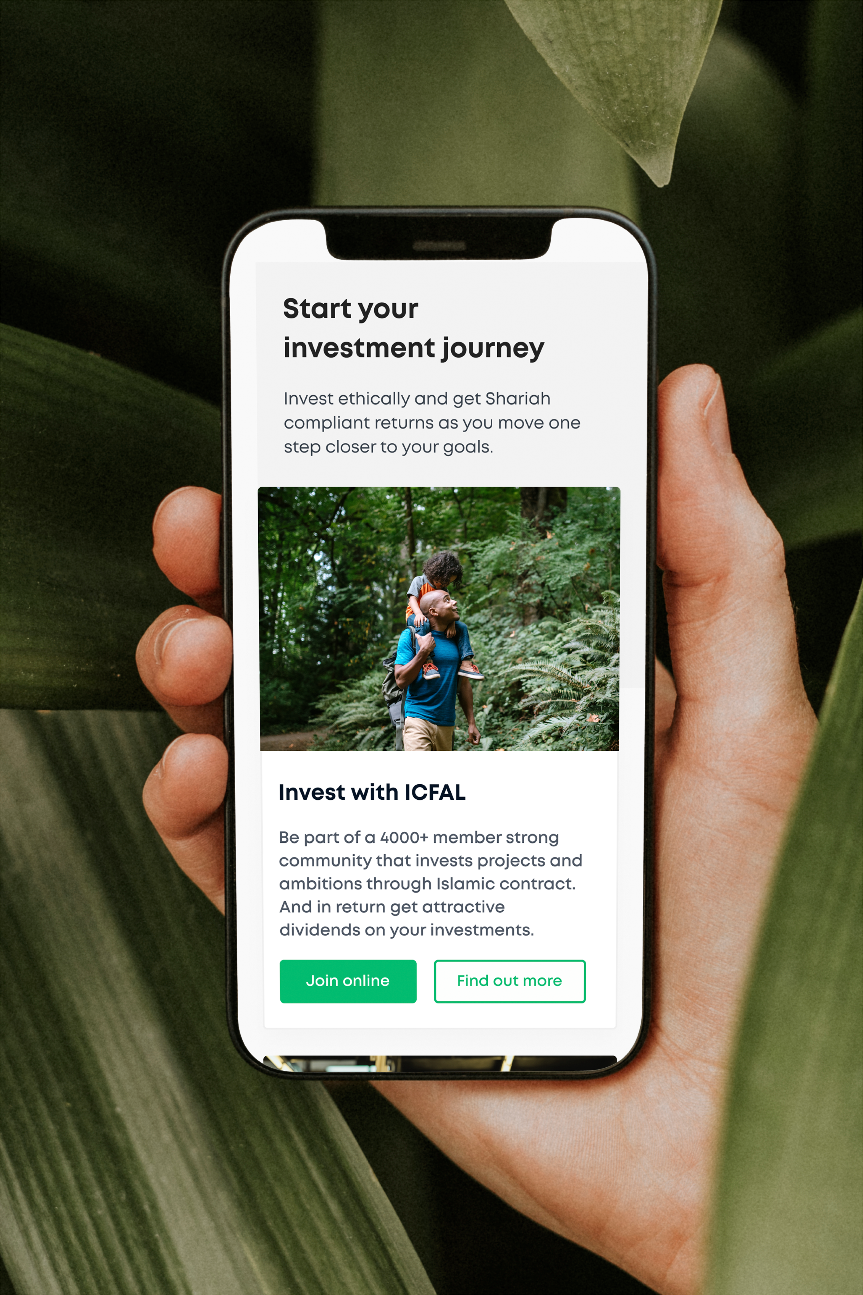 Hand holding a phone showing ICFAL's mobile 'Start your investment journey' page for Shariah-compliant investing