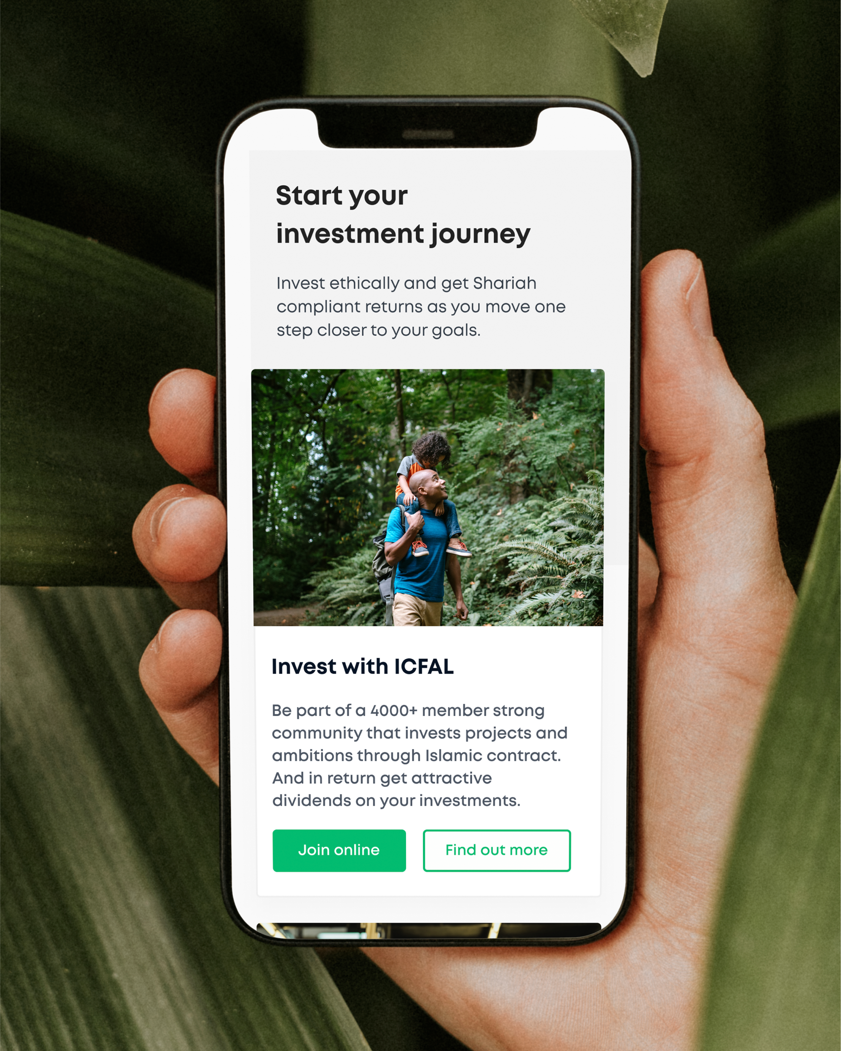 Hand holding a phone showing ICFAL's mobile 'Start your investment journey' page for Shariah-compliant investing