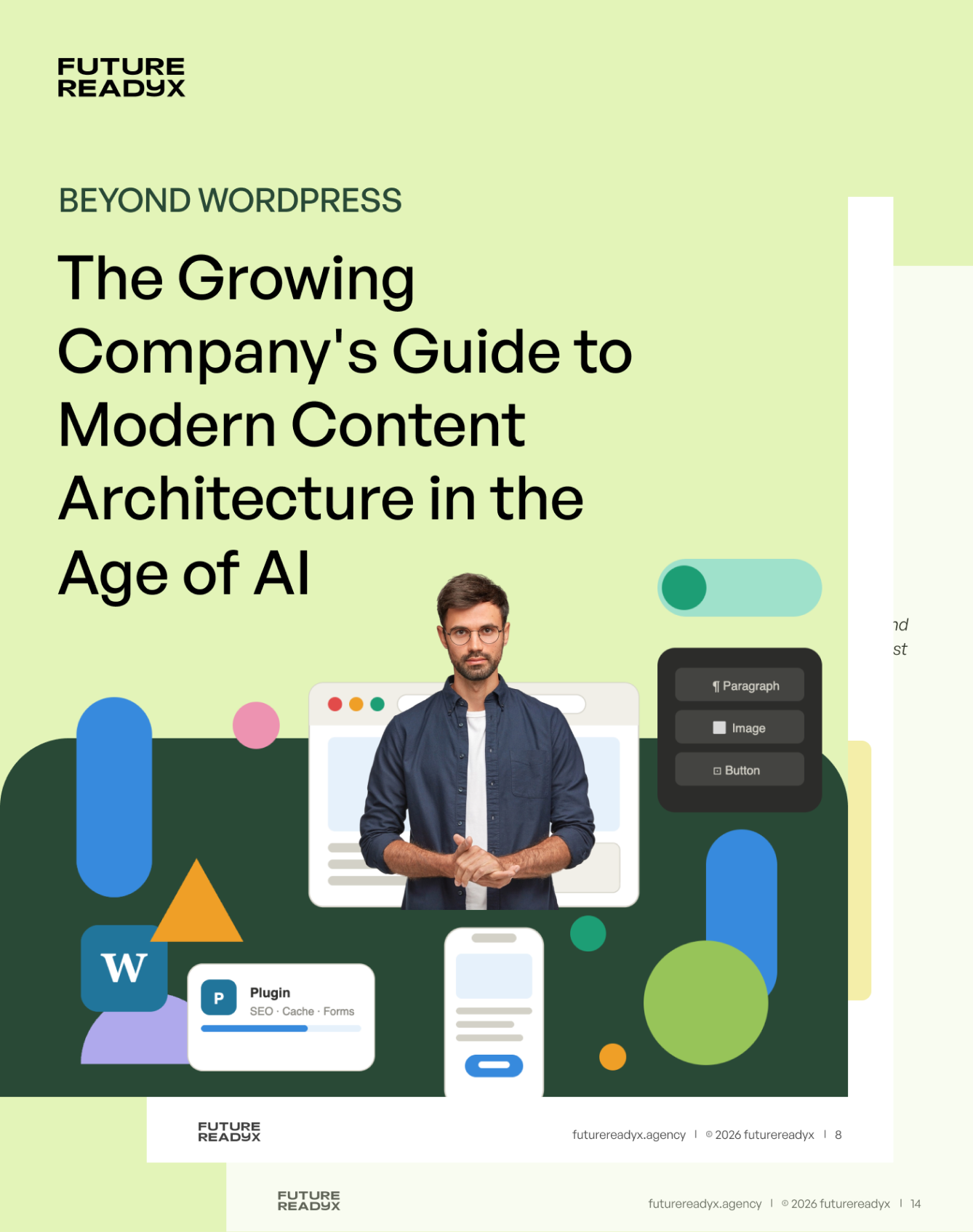 Cover of the guide "The Growing Company's Guide to Modern Content Architecture in the Age of AI", showing a light green report cover with an illustration of a man standing among CMS interface elements, with two further pages of the guide layered behind it