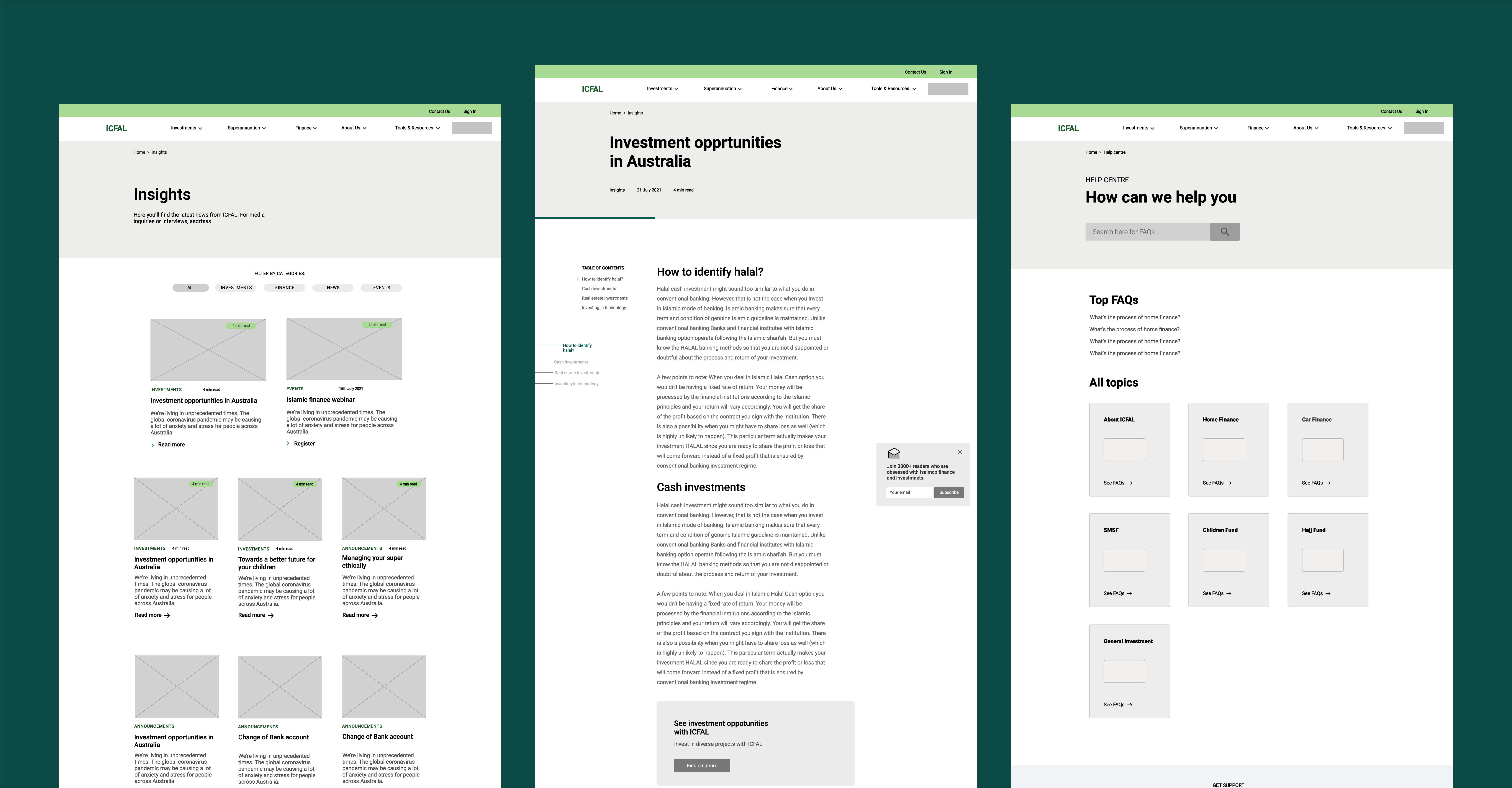 ICFAL wireframes for the insights listing, an investment article and the help centre pages