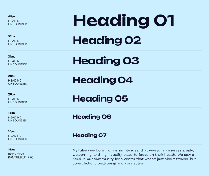 MyPulse type scale pairing Unbounded headings from 48px to 16px with Kantumruy Pro body text