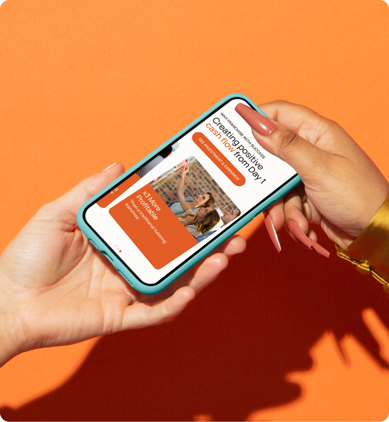 Success Tutoring 'Why Franchise' page shown on a phone, 'Creating positive cash flow from Day 1'