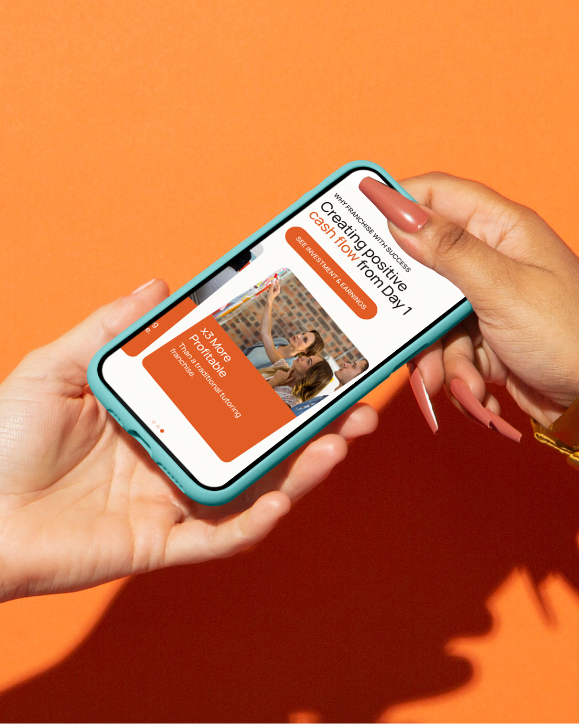 Success Tutoring 'Why Franchise' page shown on a phone, 'Creating positive cash flow from Day 1'