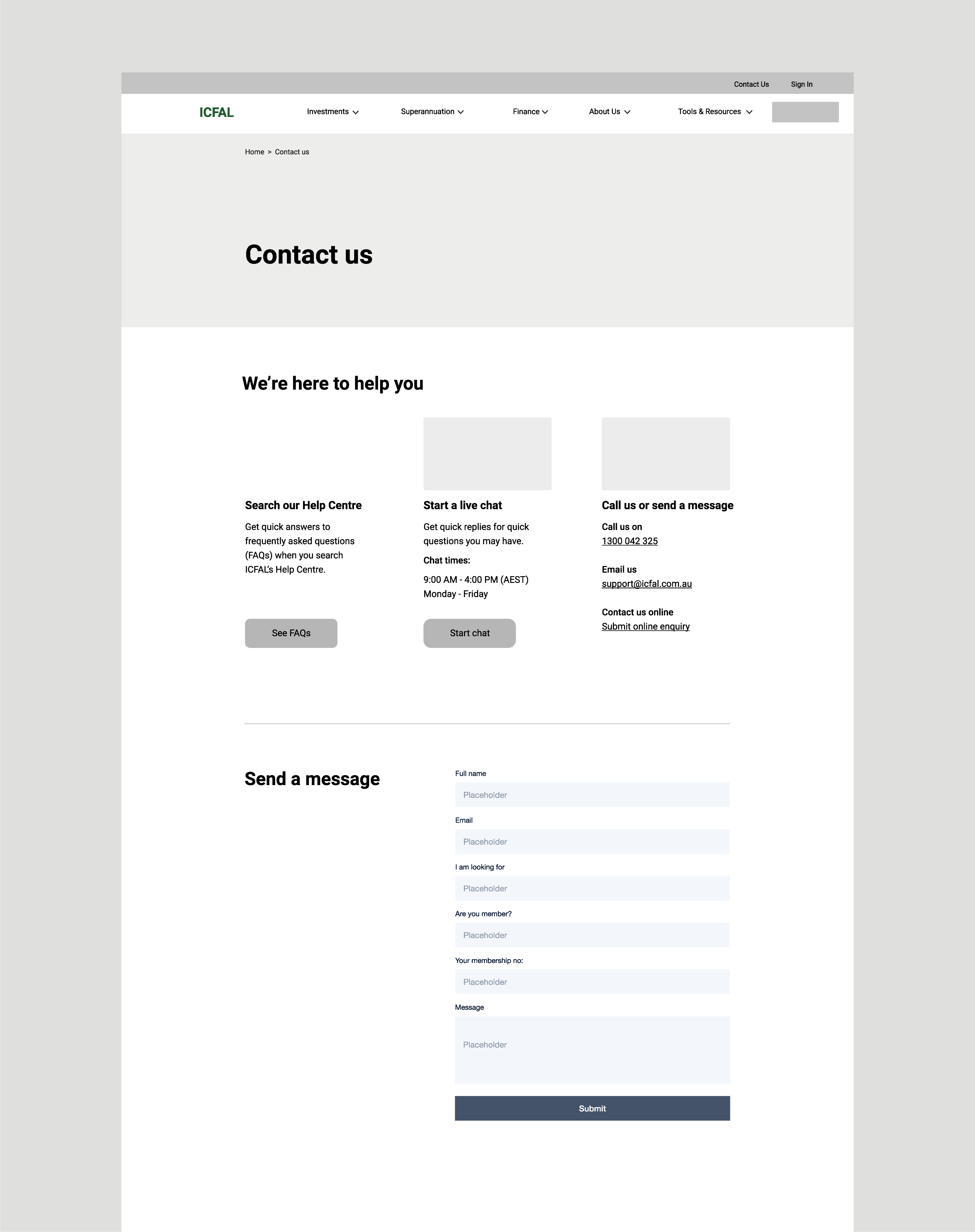 ICFAL contact page wireframe with help centre, live chat and phone options above a message form