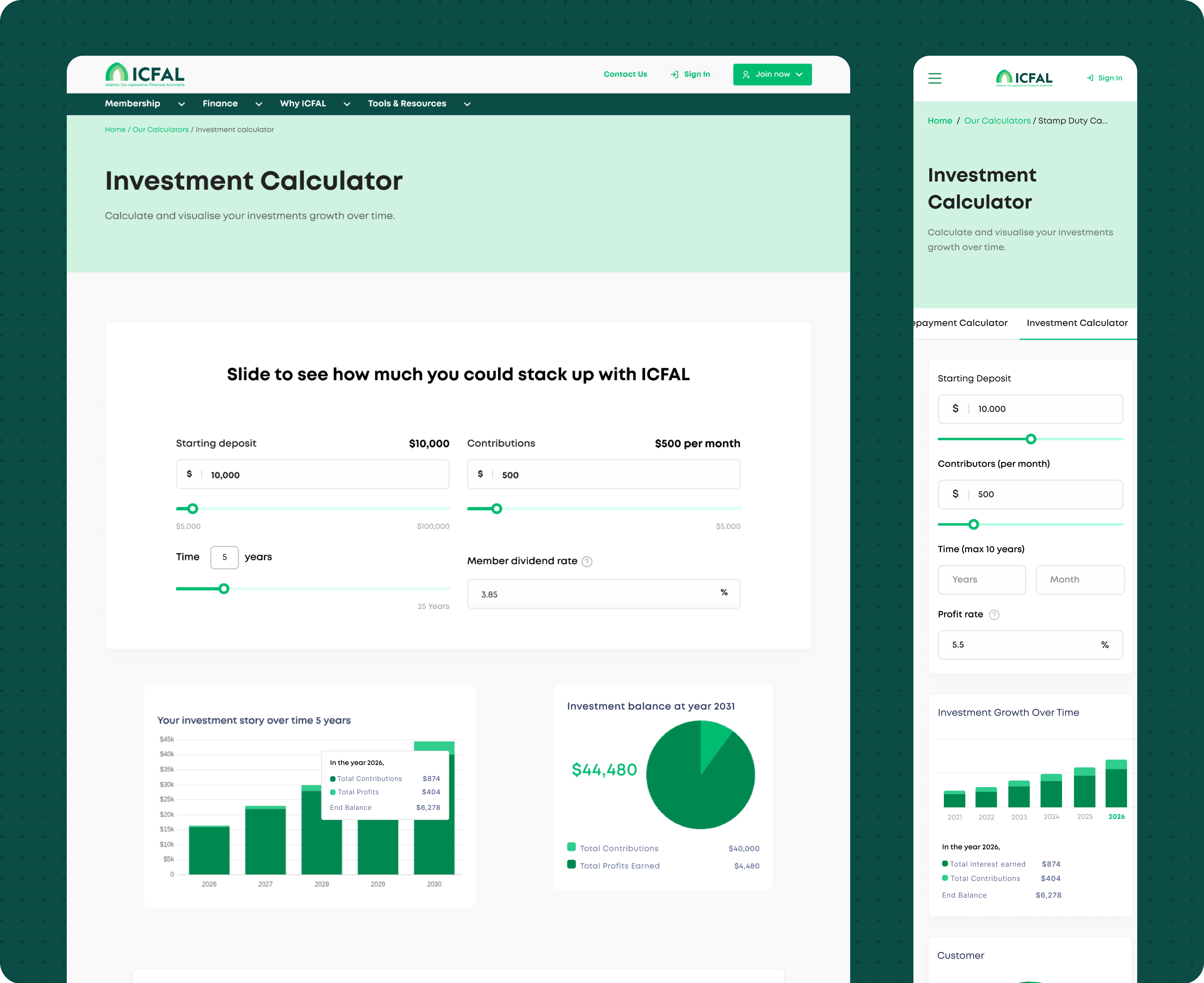 ICFAL investment calculator on desktop and mobile, with deposit and contribution sliders and growth charts