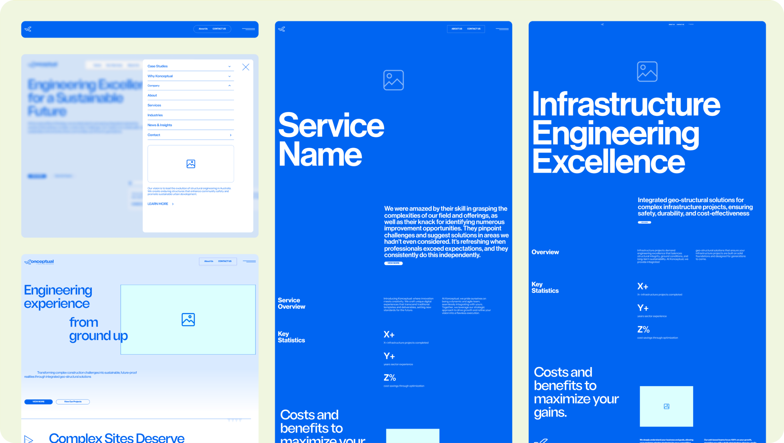 Three stacked website mockup screens for a structural engineering company, showing homepage, service page and industry page designs