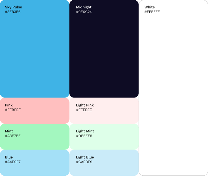 MyPulse colour palette of Sky Pulse blue, Midnight navy and white, with pink, mint and blue accent tints