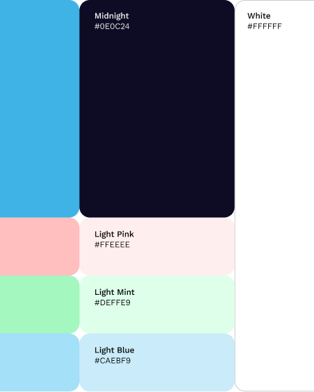 MyPulse colour palette of Sky Pulse blue, Midnight navy and white, with pink, mint and blue accent tints