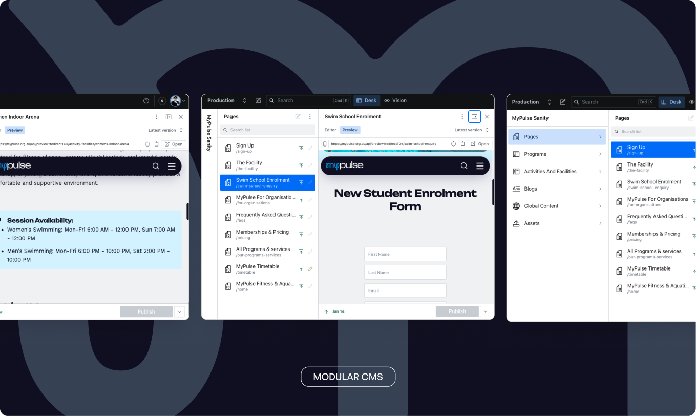 MyPulse modular Sanity CMS with page lists, content sections and live previews of the swim school enrolment form