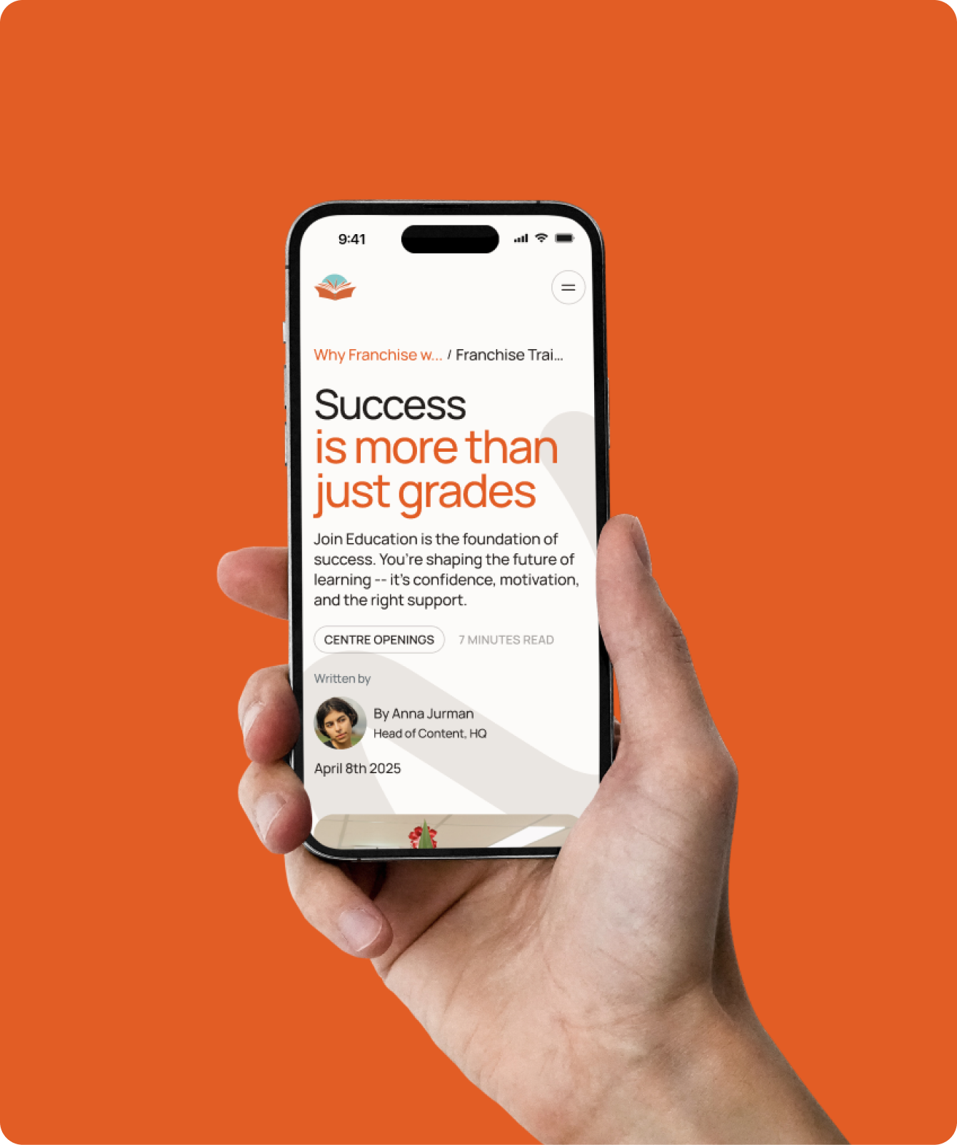 Article page shown on a phone, 'Success is more than just grades'
