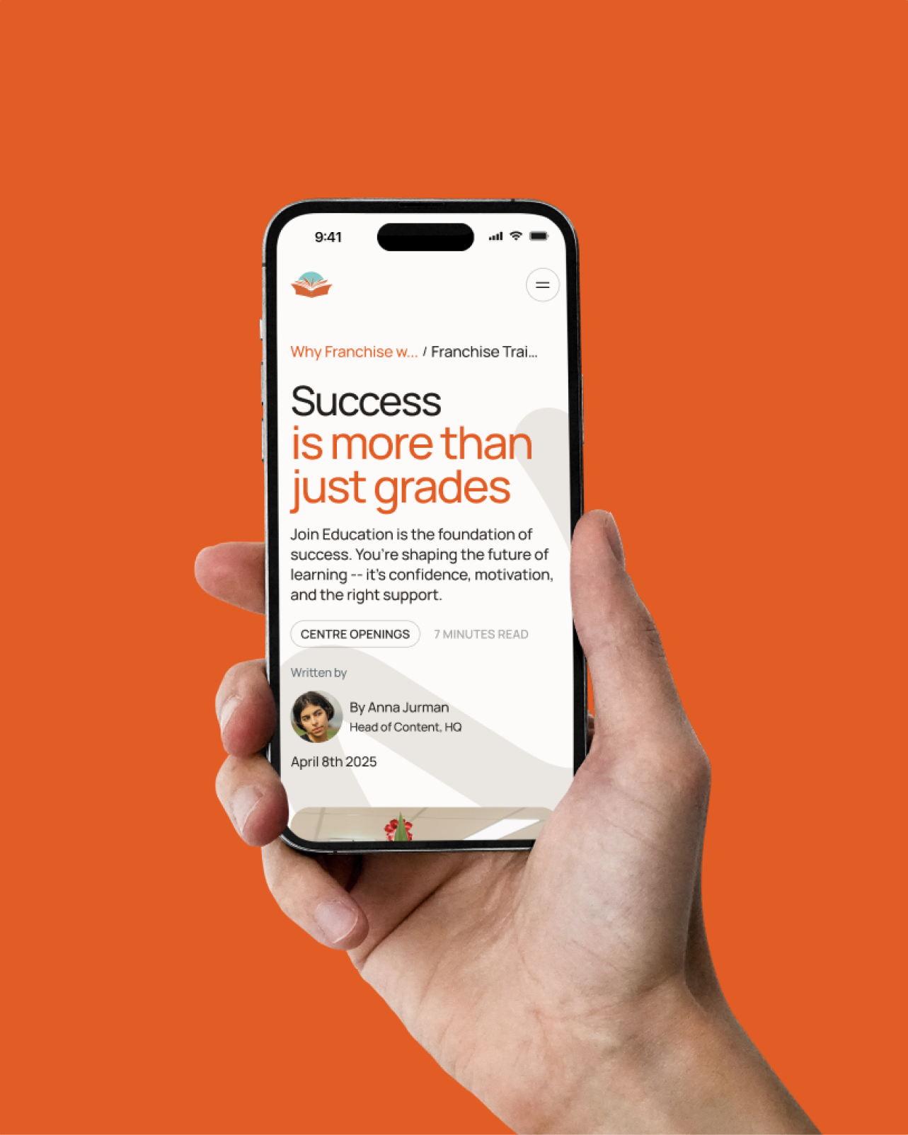 Article page shown on a phone, 'Success is more than just grades'