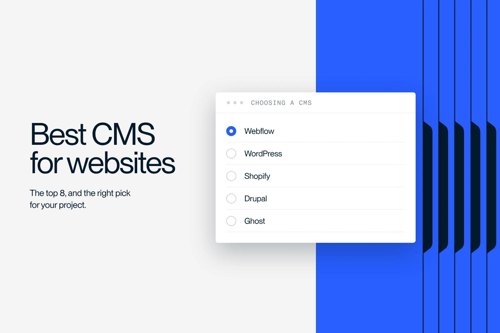 Synqro thumbnail: a CMS picker showing Webflow, WordPress, Shopify, Drupal and Ghost