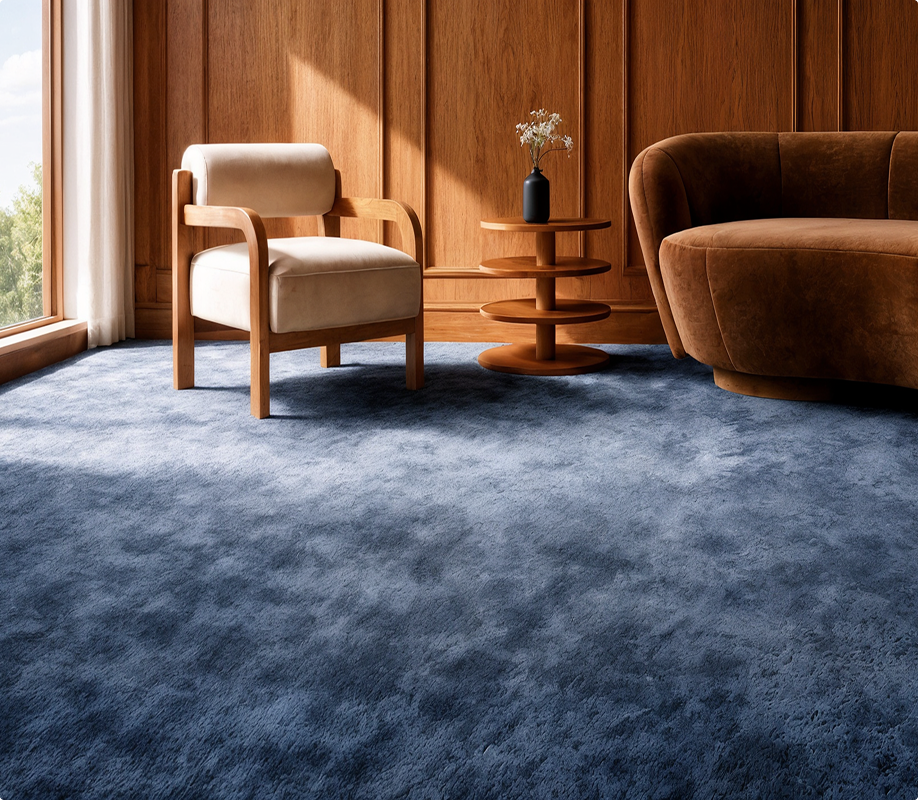 Mocade lounge with a cream armchair and a brown sofa on a deep blue carpet, wood panelling behind