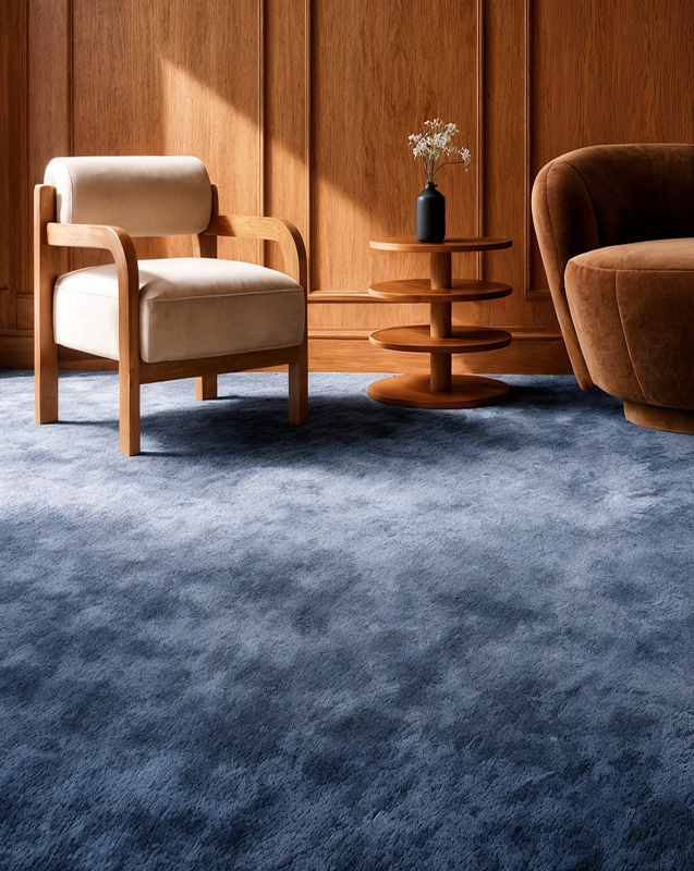 Mocade lounge with a cream armchair and a brown sofa on a deep blue carpet, wood panelling behind