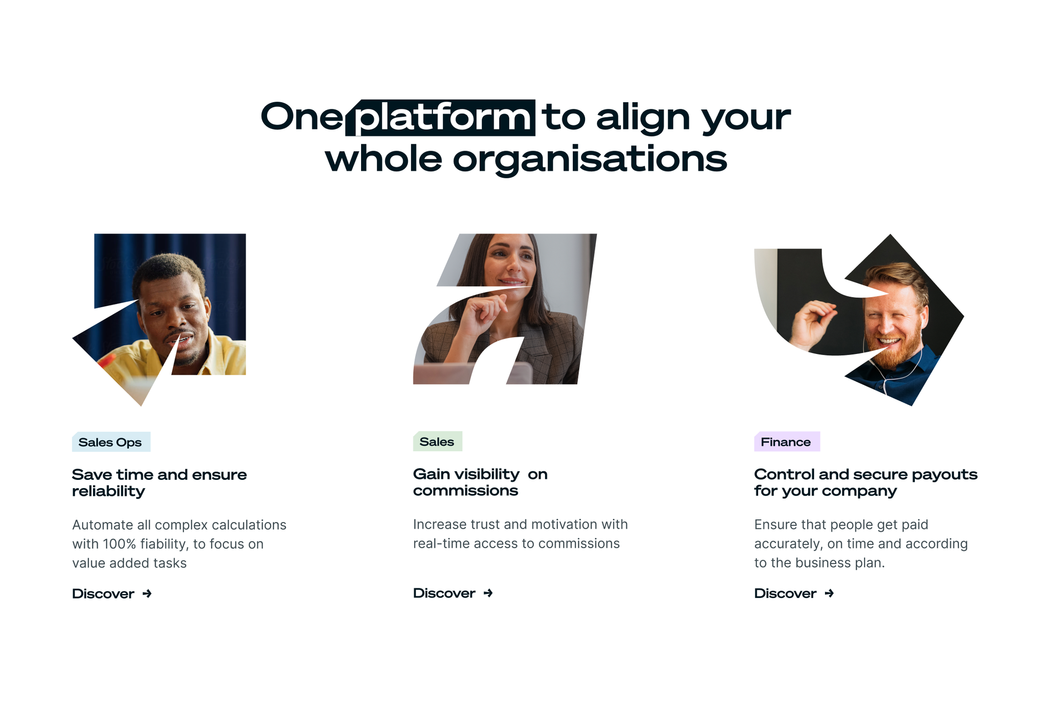 Qobra website section “One platform to align your whole organisations” with Sales Ops, Sales and Finance cards