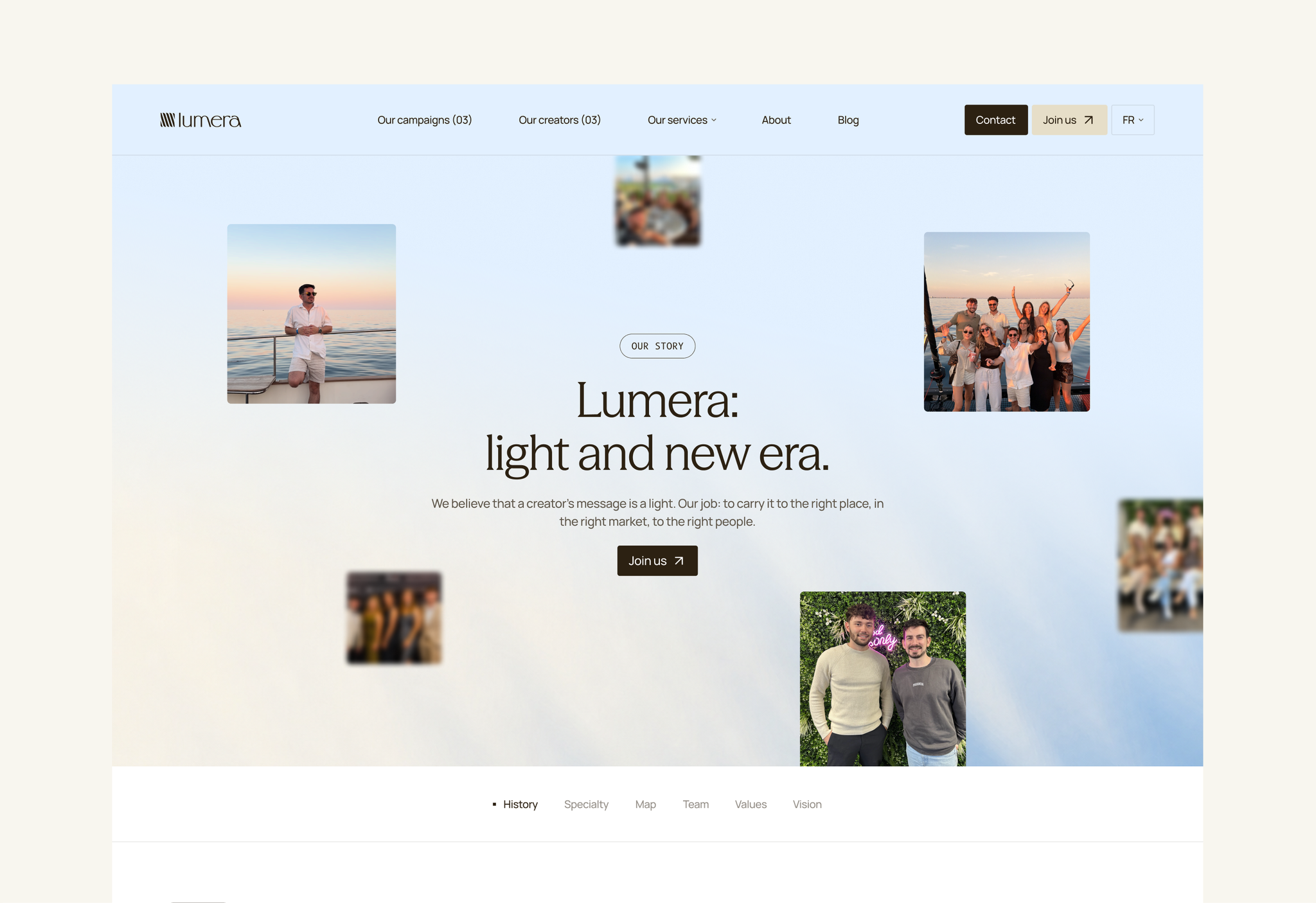 The Lumera About page, with the agency's story and timeline