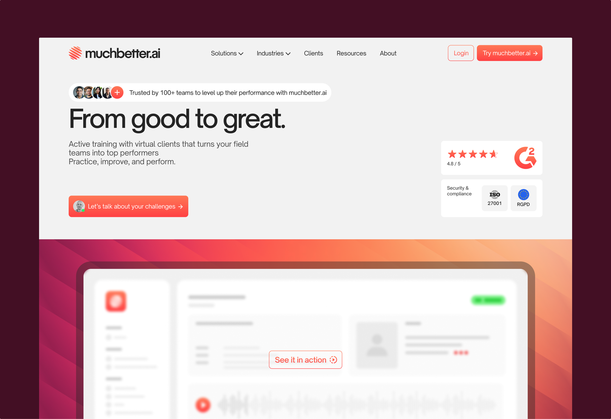 The Muchbetter homepage, “From good to great.”, on a deep plum background