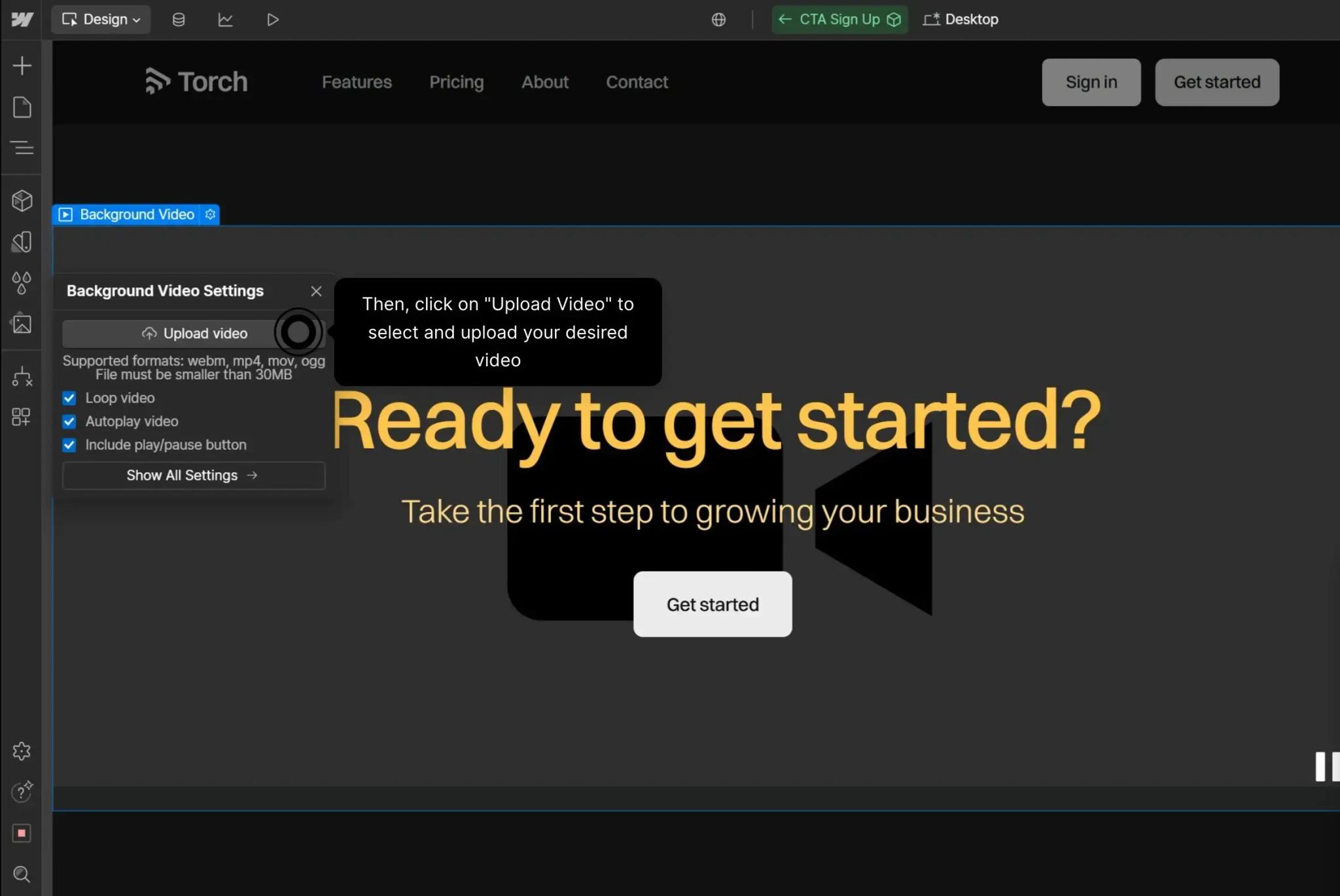 Réglages Autoplay, Loop et play/pause d'une vidéo background Webflow