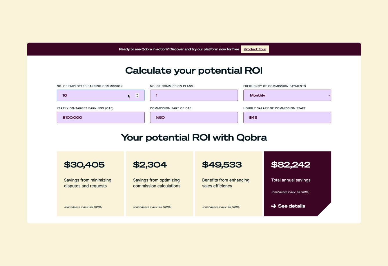 Qobra’s ROI calculator built in Webflow