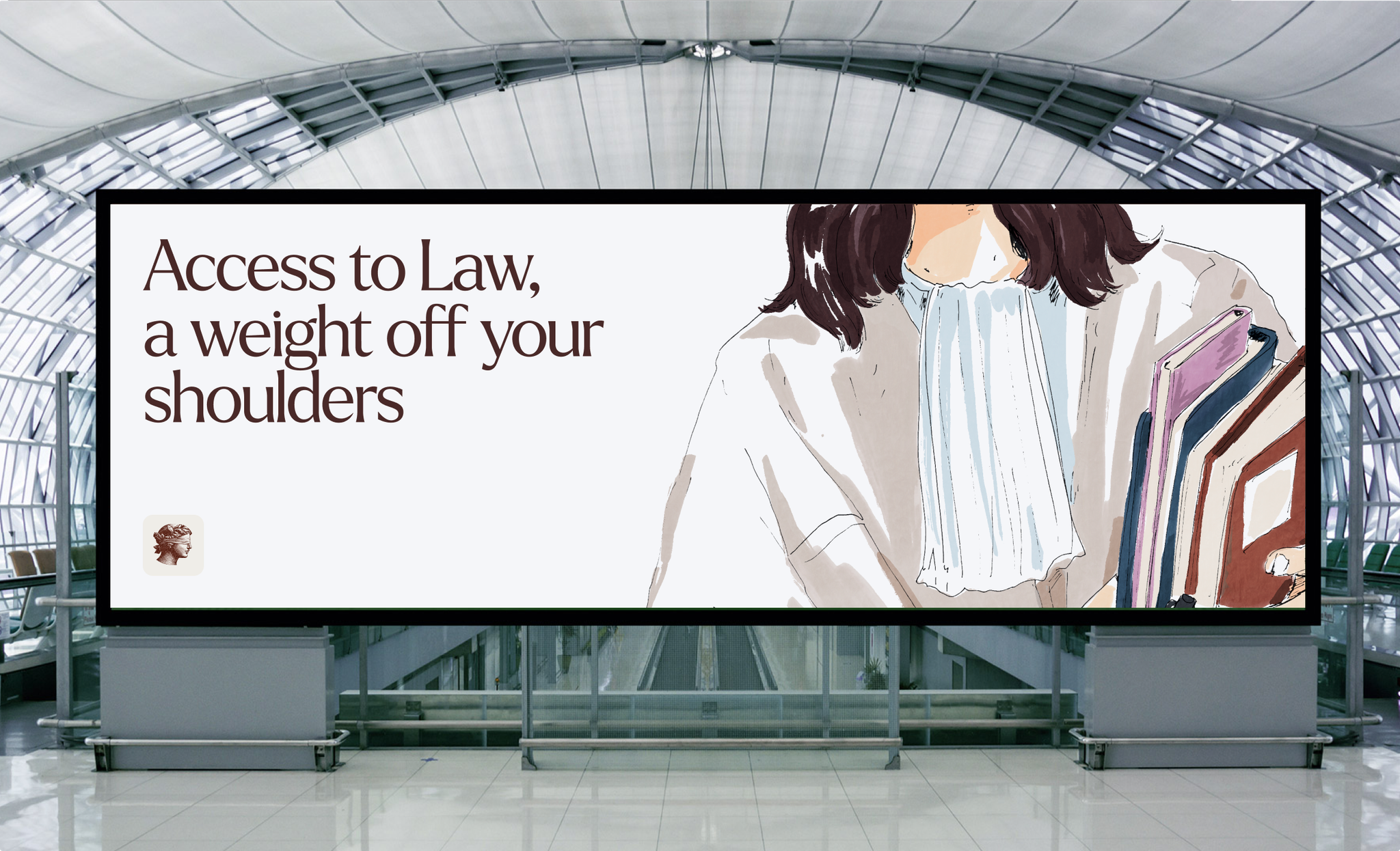 Causélis billboard in an airport hall: “Access to Law, a weight off your shoulders”