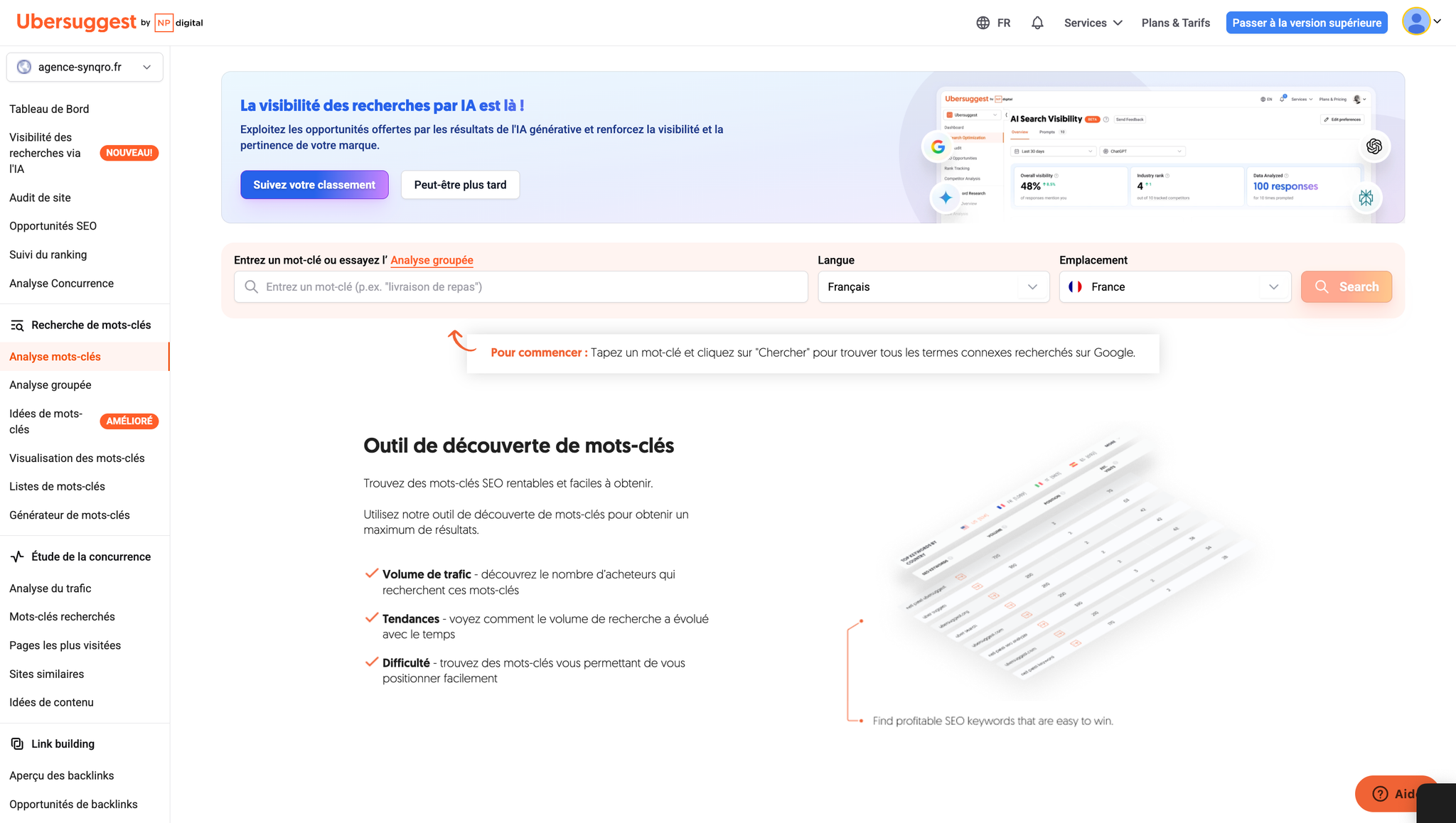 Capture d'écran d'Ubersuggest pendant une recherche de mots-clés