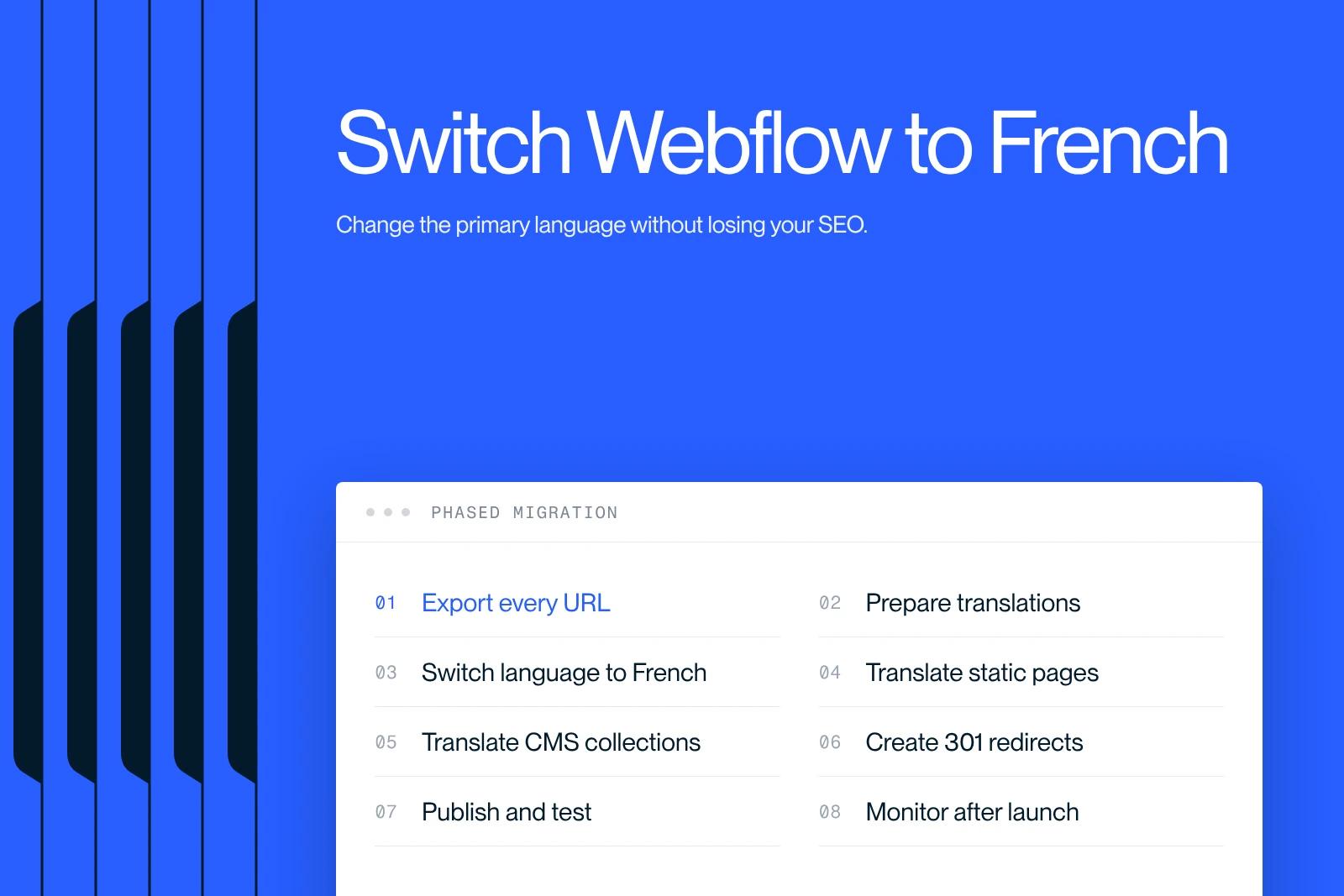 Synqro thumbnail: the phases for switching a Webflow site's primary language to French