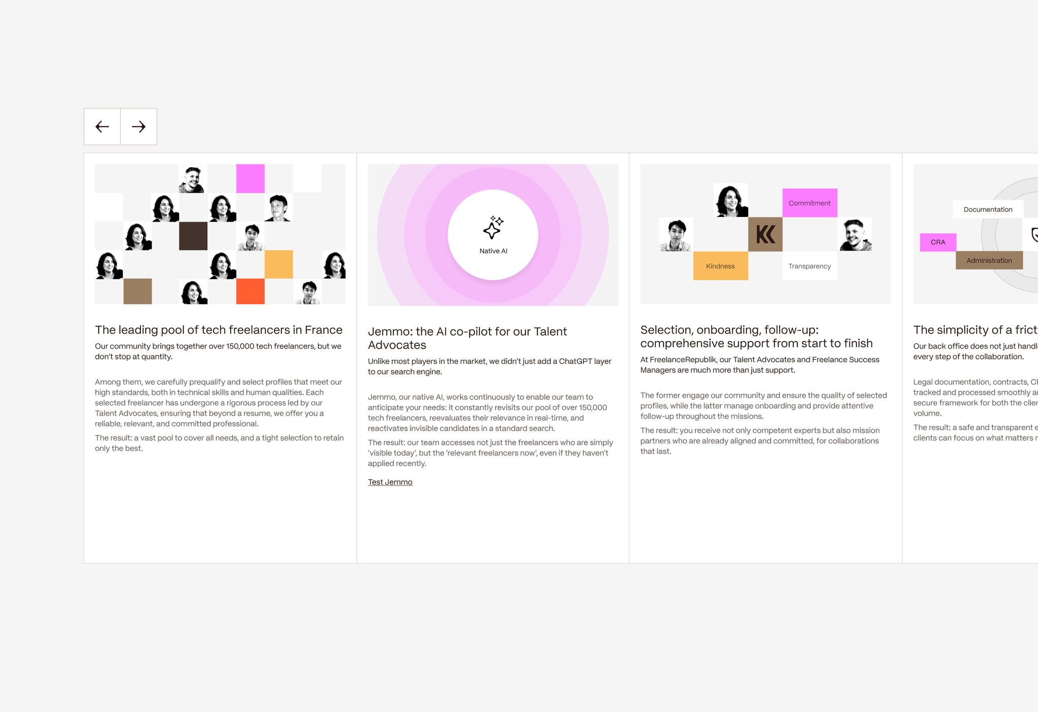 Carousel of website cards on the talent pool, the Jemmo AI co-pilot, onboarding and back-office support