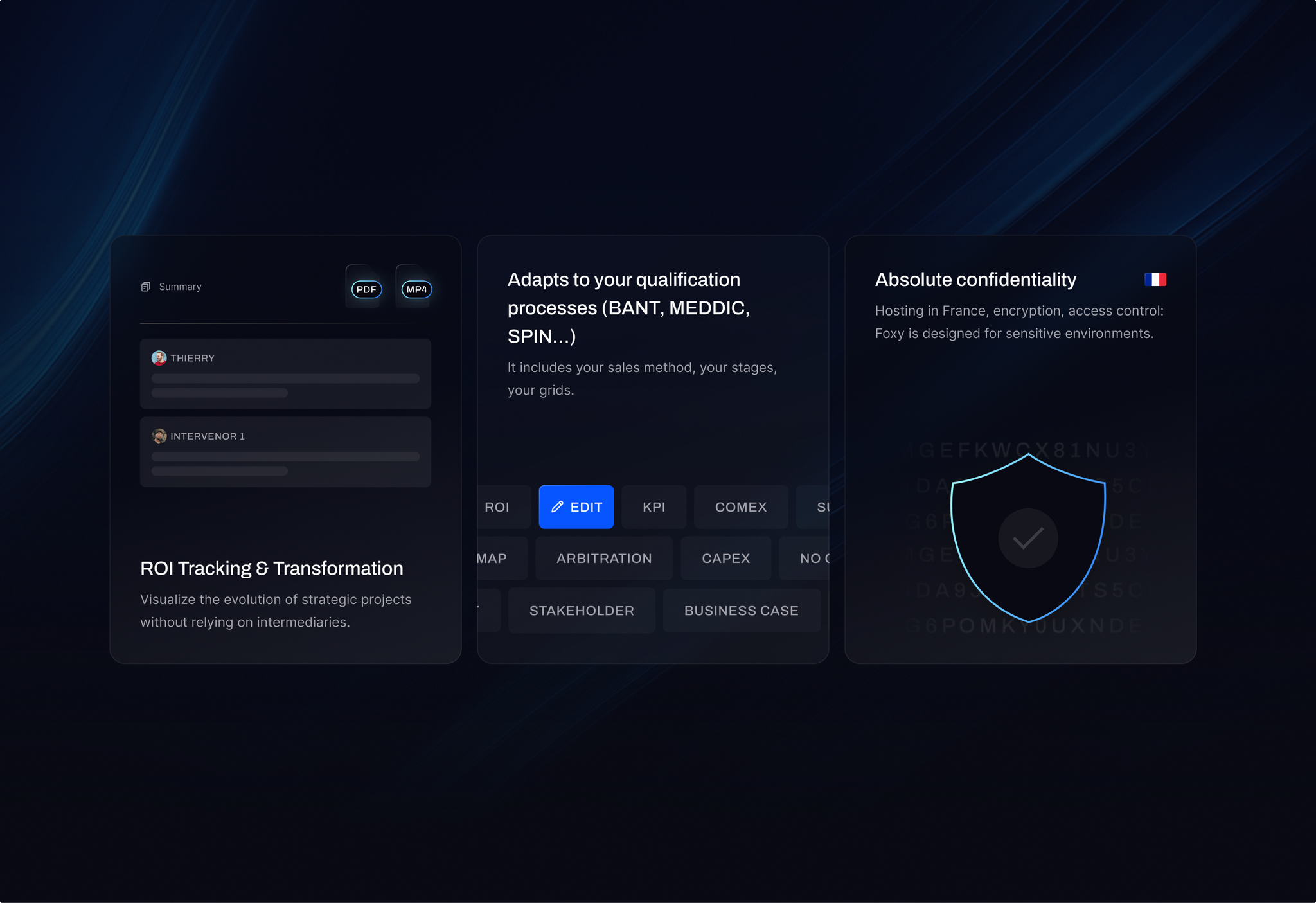 Three Seedext product cards: ROI tracking, qualification processes and absolute confidentiality