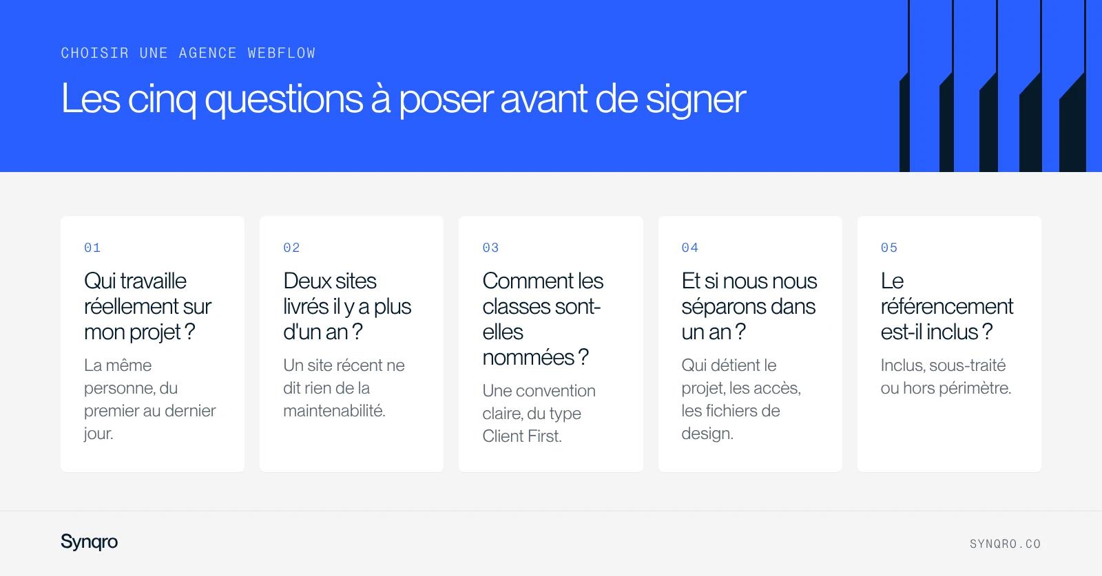 Infographie : les cinq questions à poser à une agence Webflow avant de signer, de l'équipe réelle au référencement