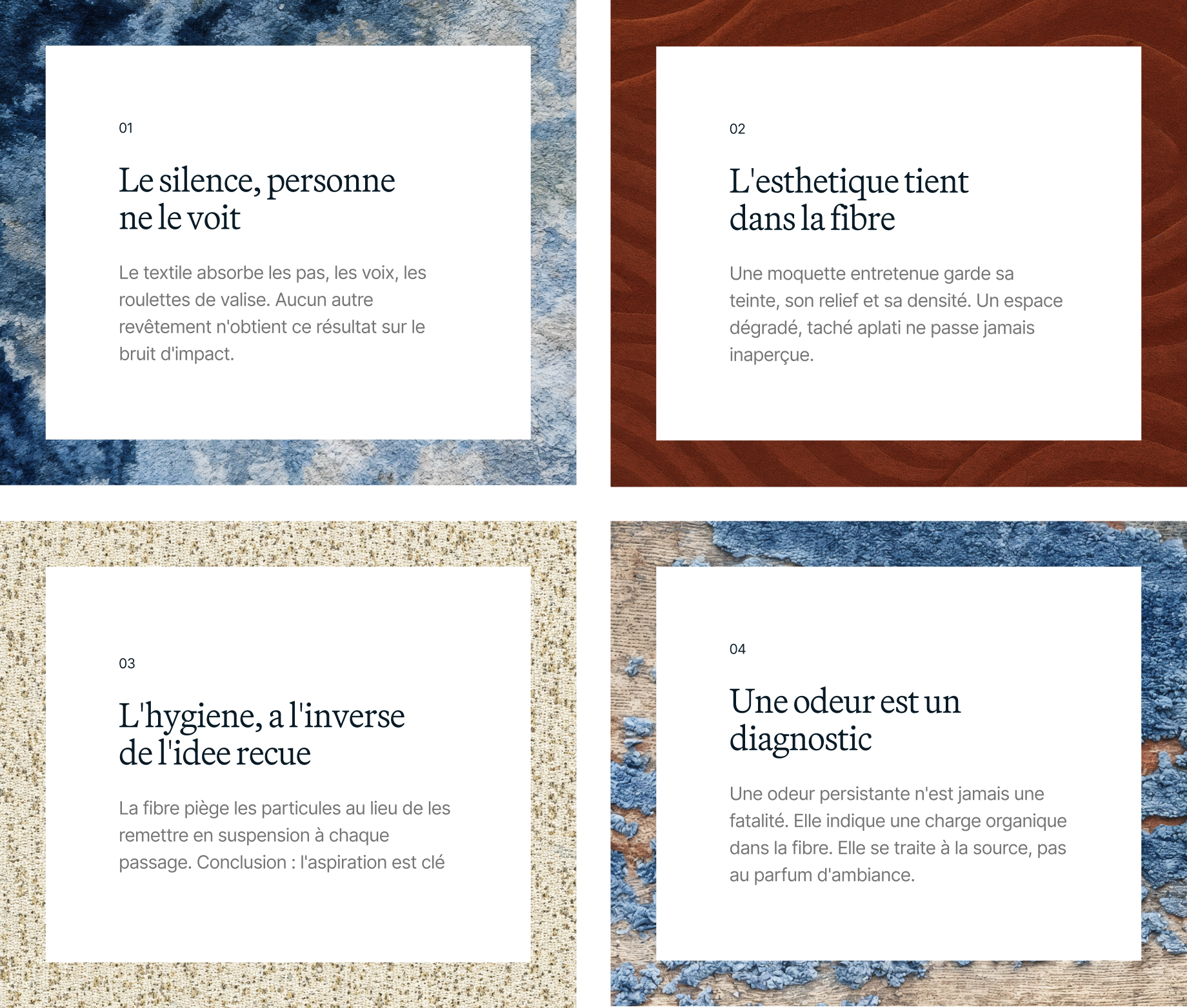 Four Mocade cards on silence, aesthetics, hygiene and odours