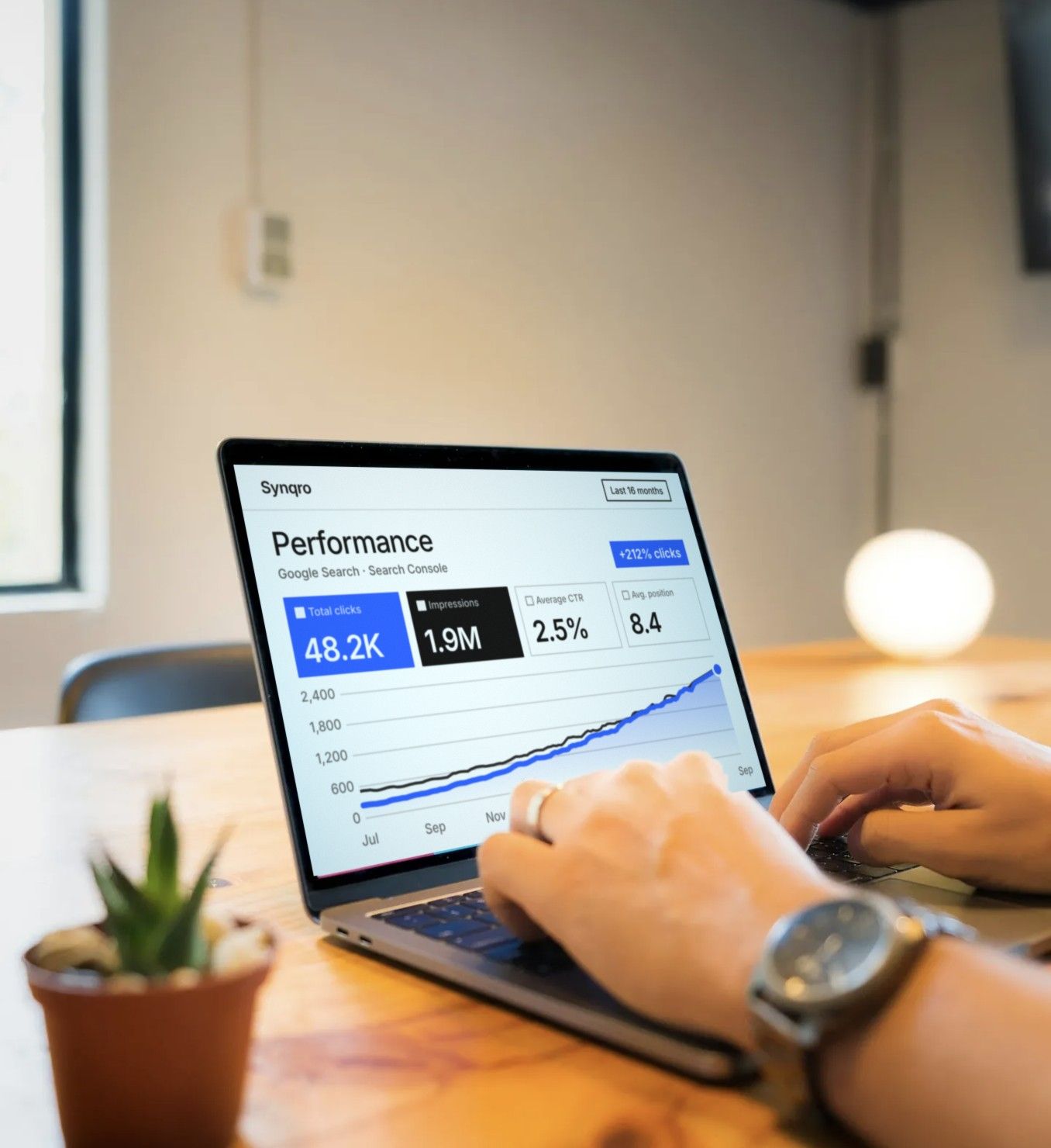 A laptop showing a Search Console report with a sharply rising clicks curve
