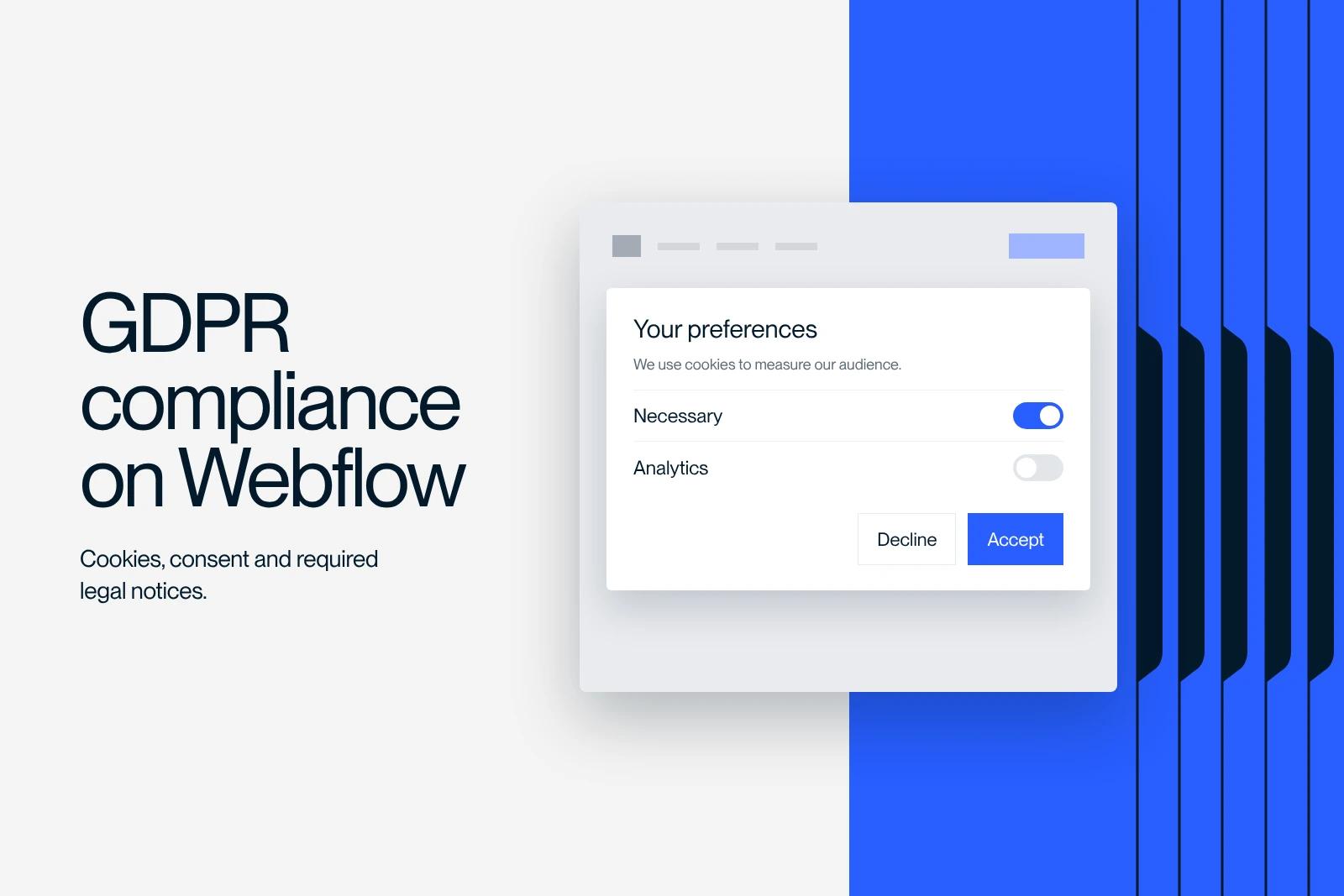 Synqro thumbnail: cookie consent banner with per-category choices on a Webflow site