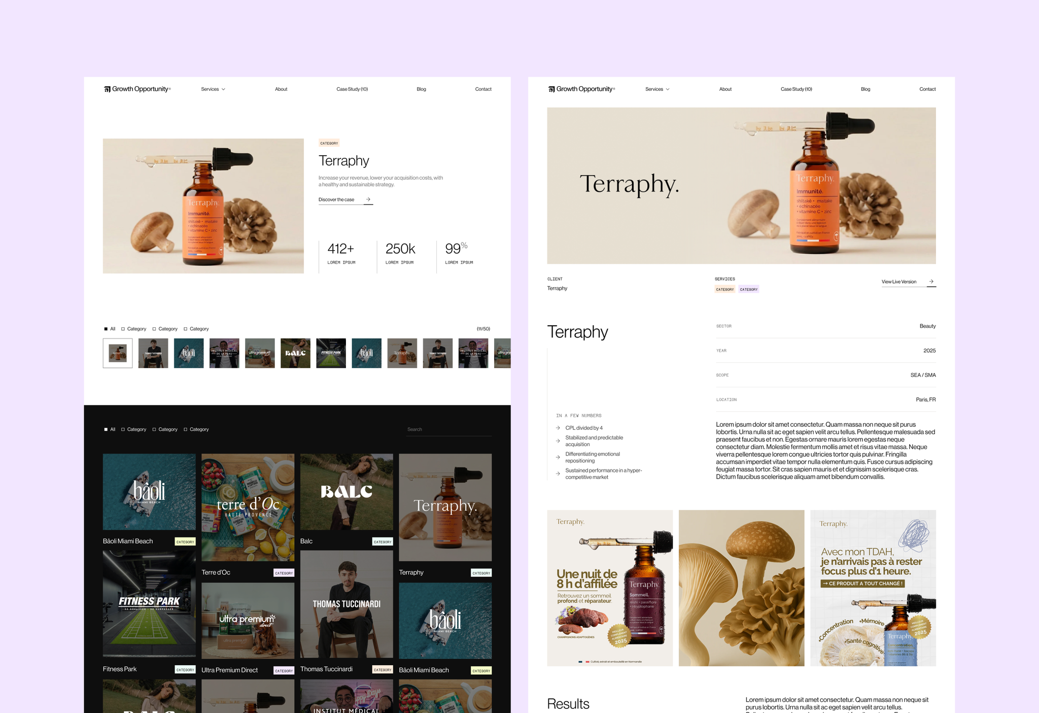 Growth Opportunity case studies hub and Terraphy case study pages on a lilac background