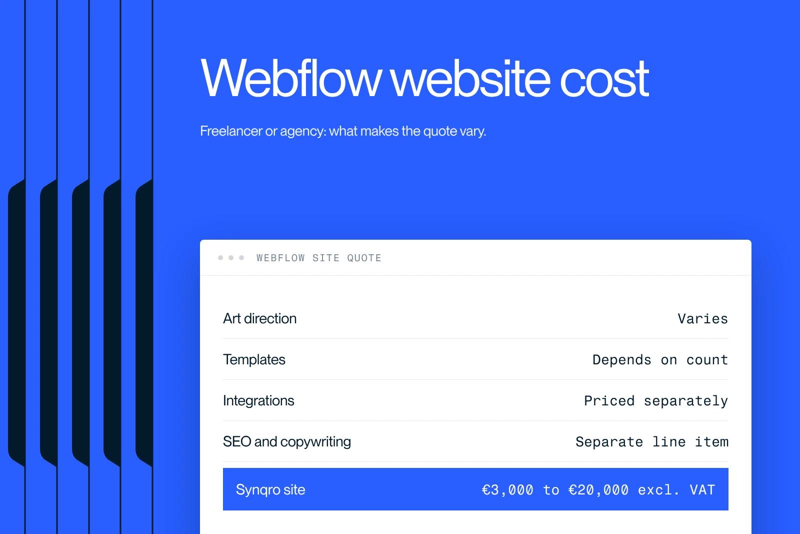 Synqro thumbnail: the line items of a Webflow website quote and Synqro's price range