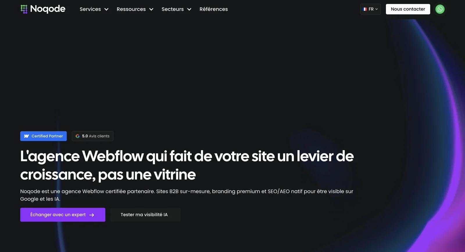 Page d'accueil de Noqode, agence Webflow, avec un badge Webflow Certified Partner et une note de 5,0 sur les avis Google