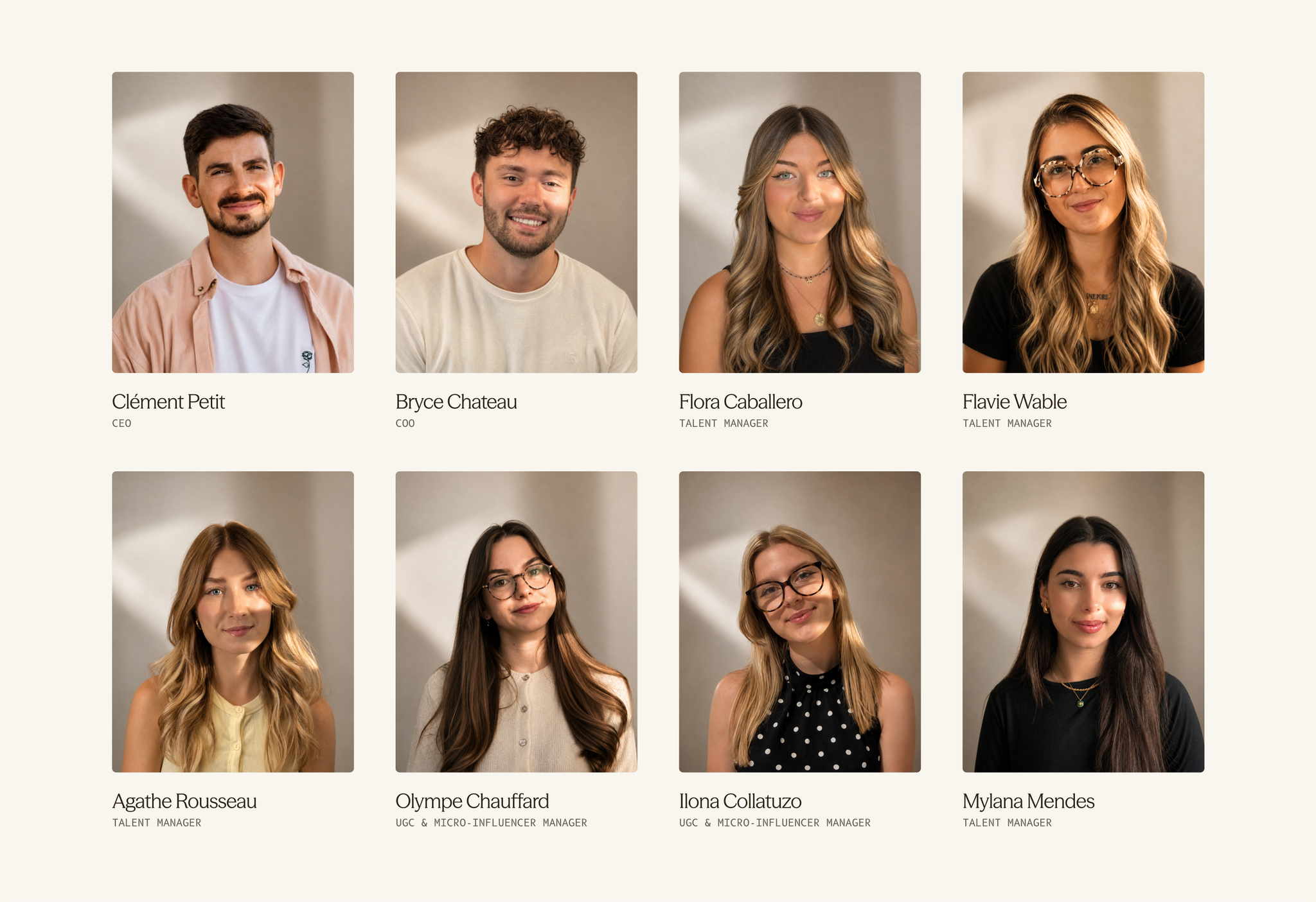 Portraits of the eight members of the Lumera team