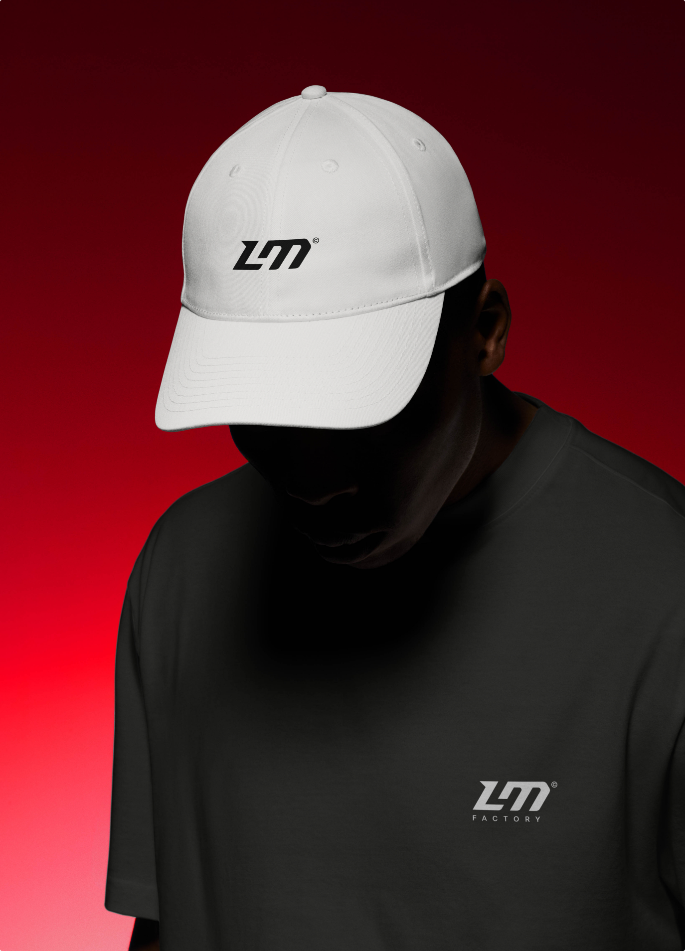 White LM Factory cap and black T-shirt