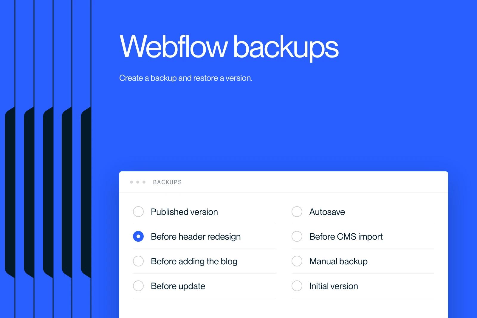 Synqro thumbnail: list of backups for a Webflow site with one version selected for restore