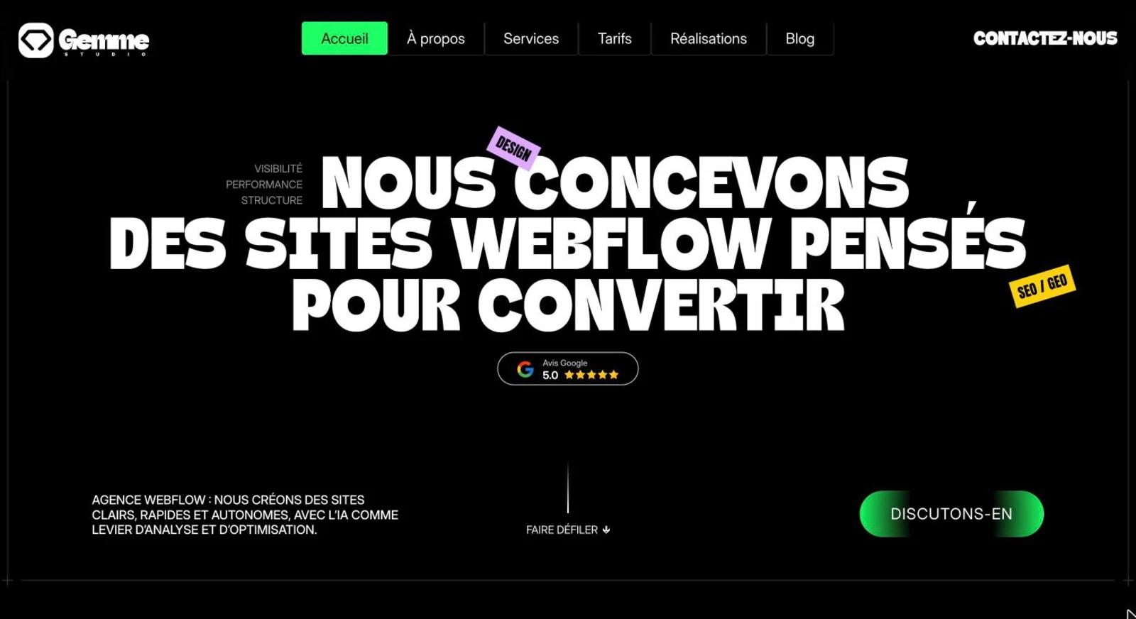 Page d'accueil de Gemme Studio, agence Webflow, avec le titre Nous concevons des sites Webflow pensés pour convertir et une note Google de 5,0