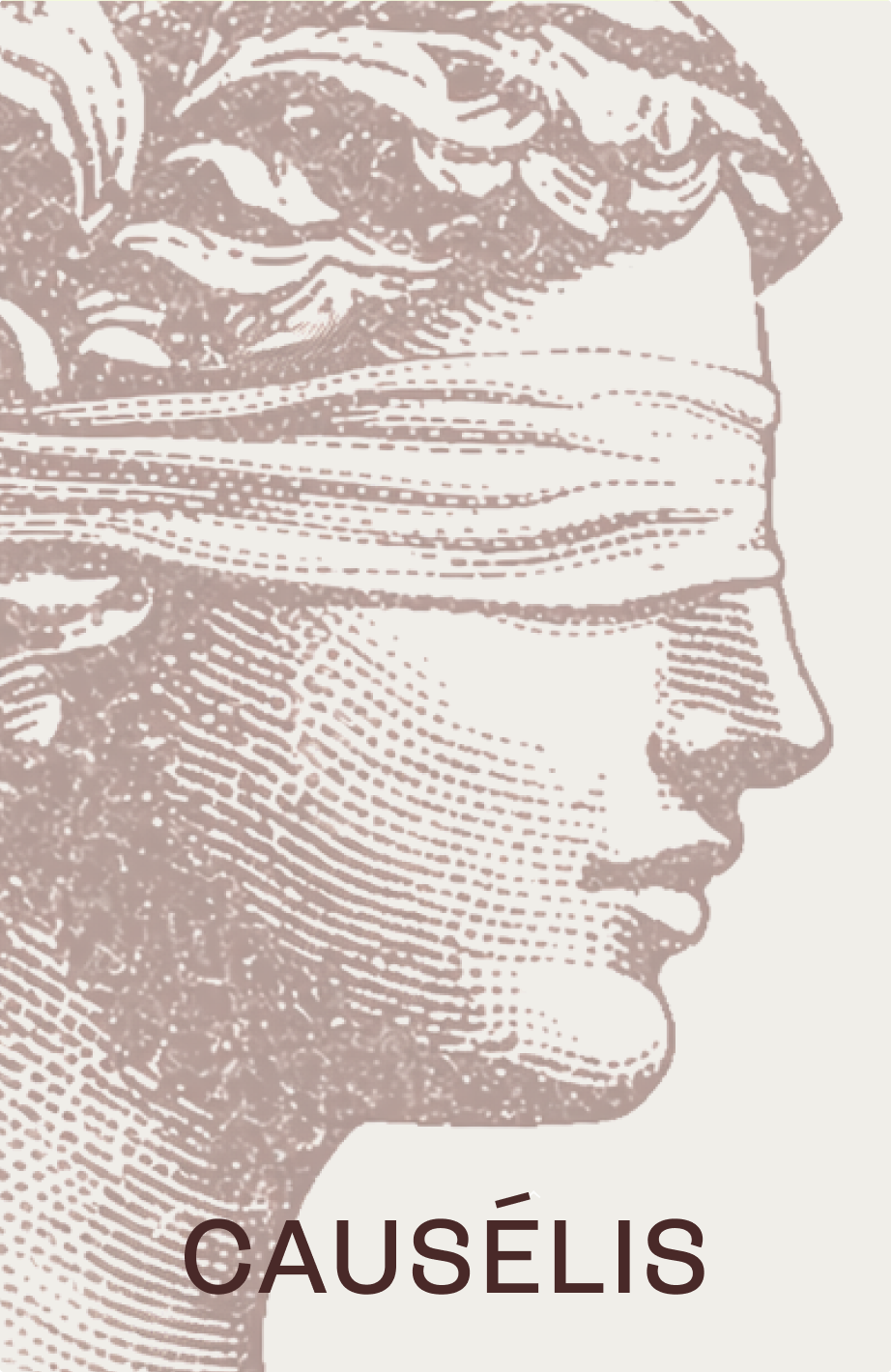Causélis business card: engraved profile of blindfolded Lady Justice above the Causélis wordmark