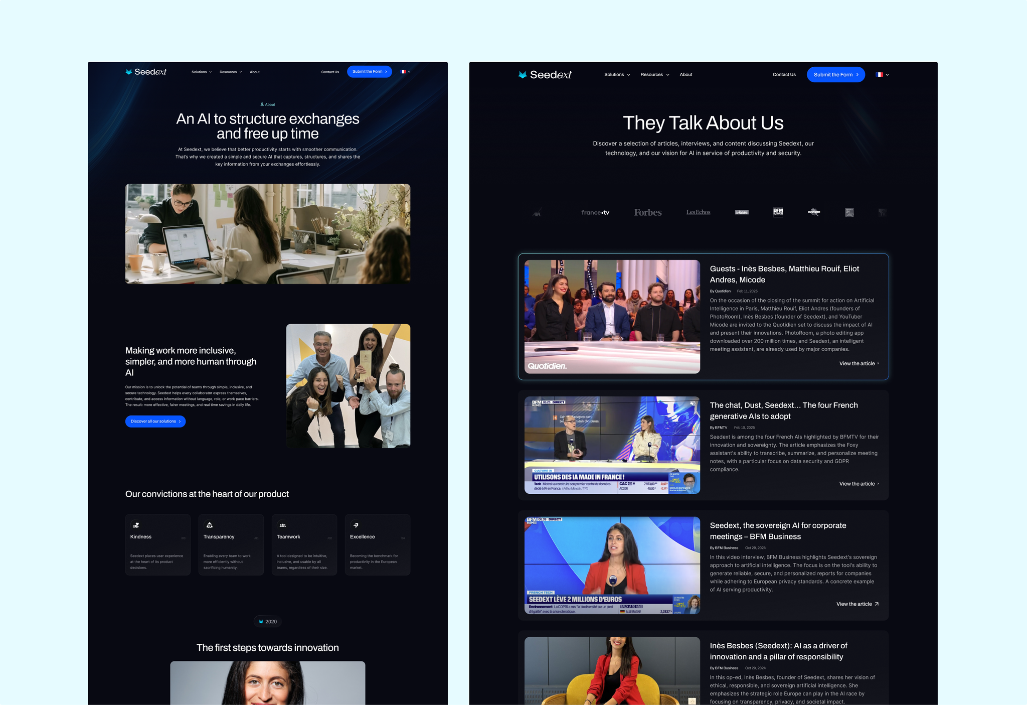 Two Seedext website pages side by side: About, and the press page “They Talk About Us”