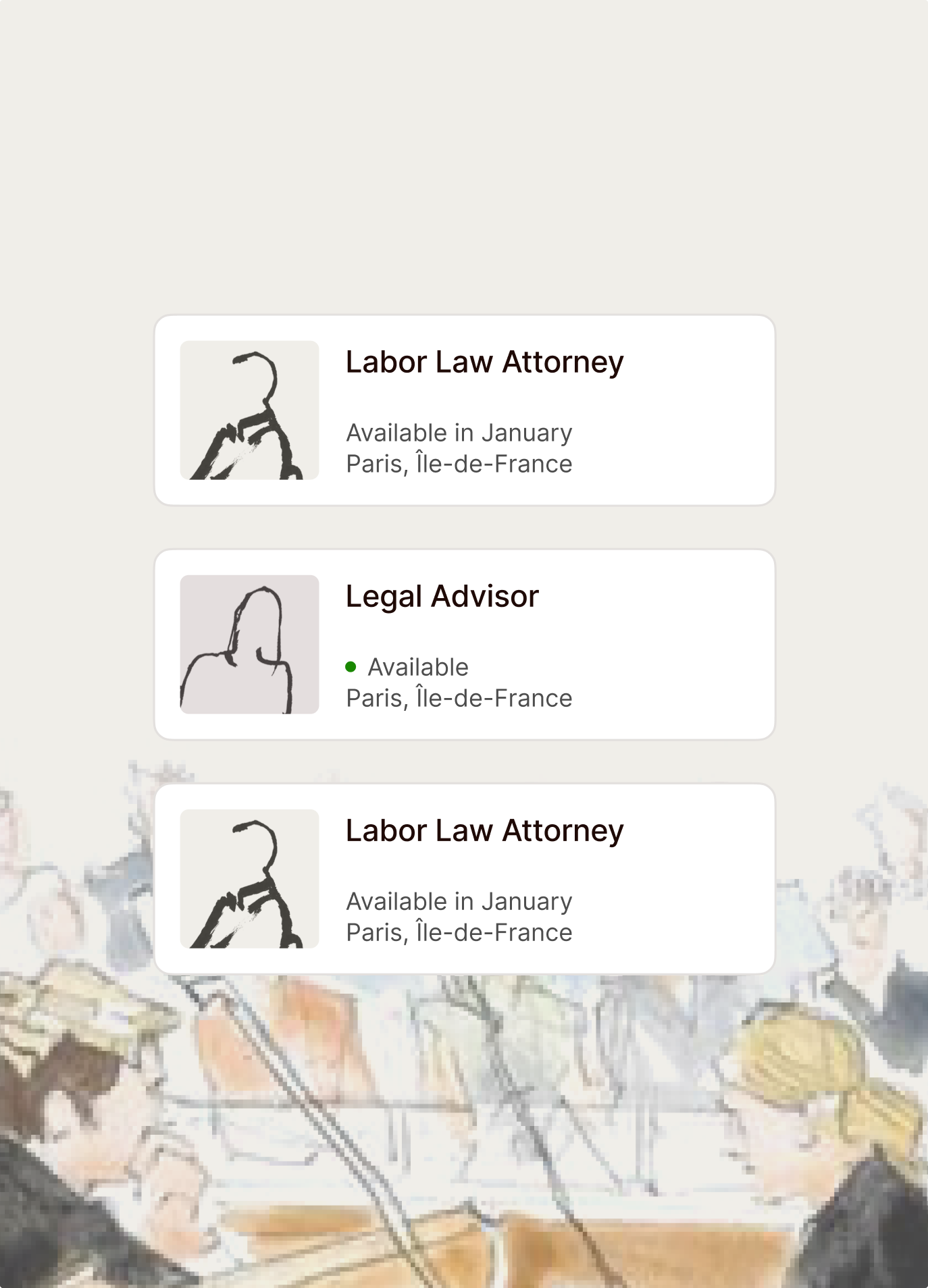 Three Causélis lawyer cards, labour law attorneys and a legal advisor, over a courtroom sketch