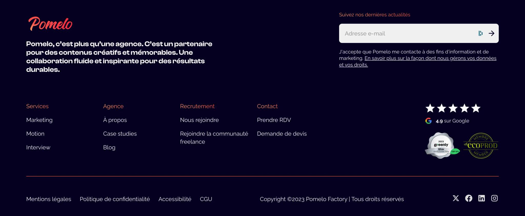 Footer Webflow en version mobile sur une colonne