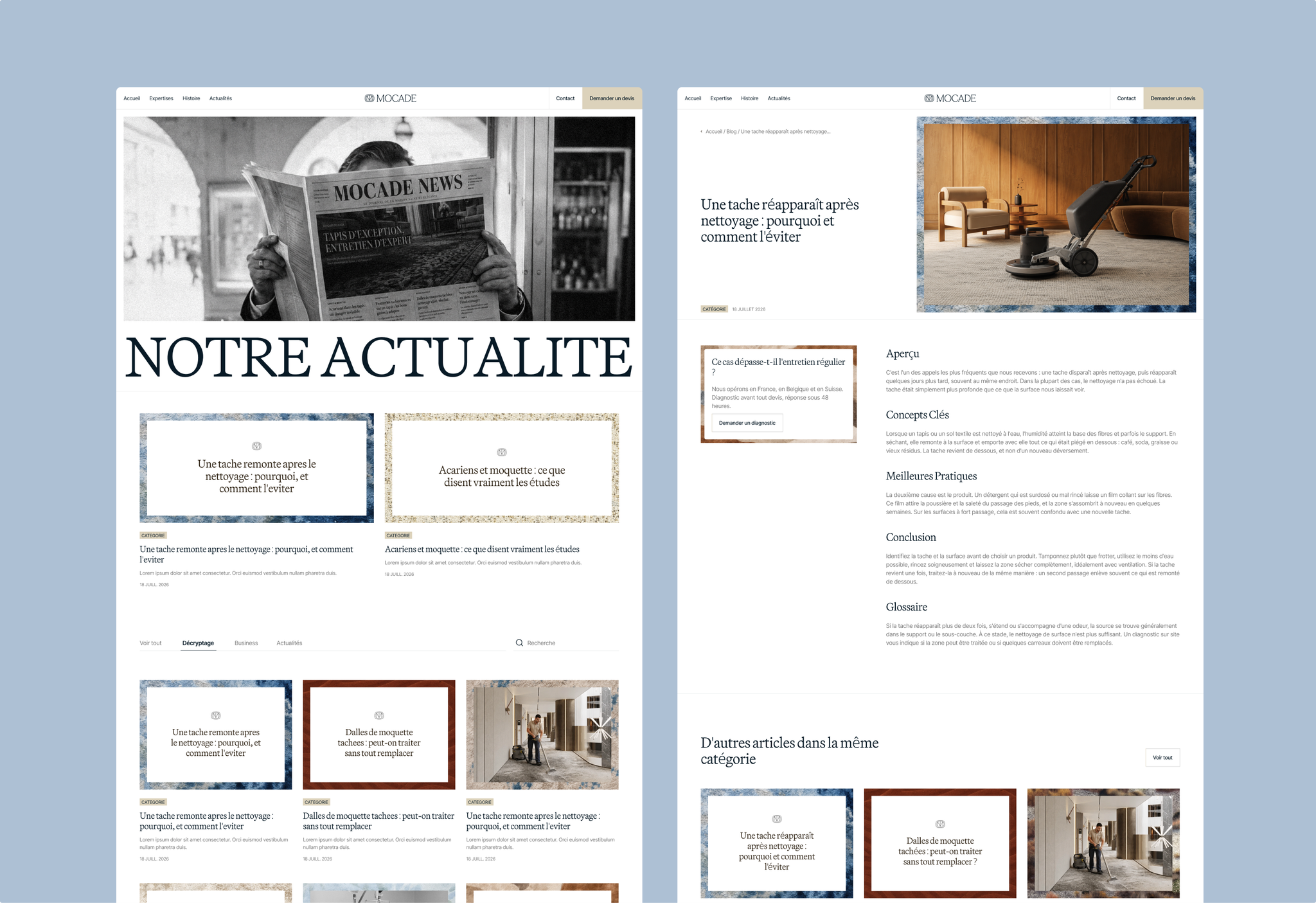Mocade blog and article pages