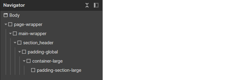 Structure de page Client First dans le Navigator de Webflow : page-wrapper, main-wrapper, section_header, padding-global, container-large et padding-section-large imbriqués